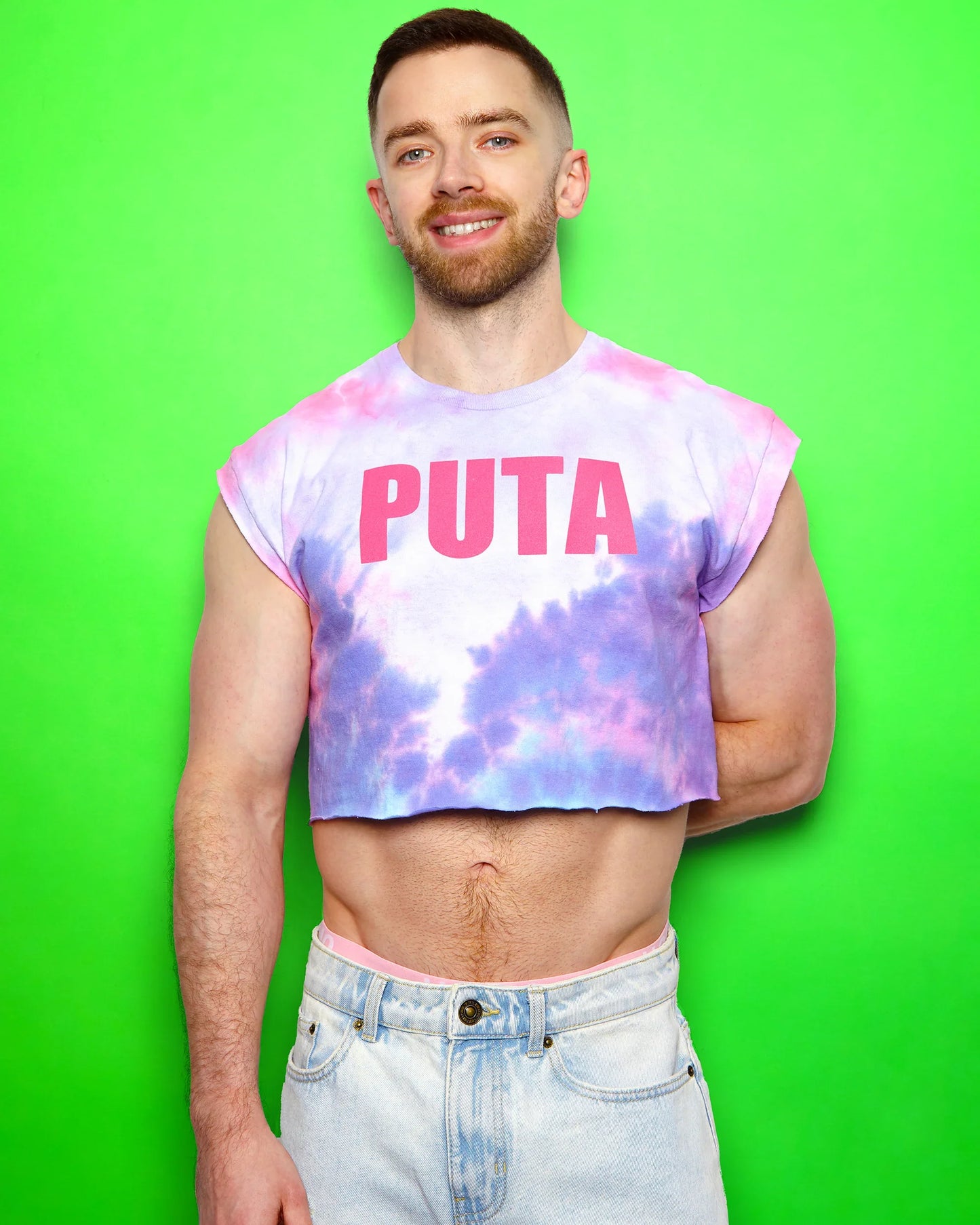 Pink Flock PUTA on pink tie-dye - crop top