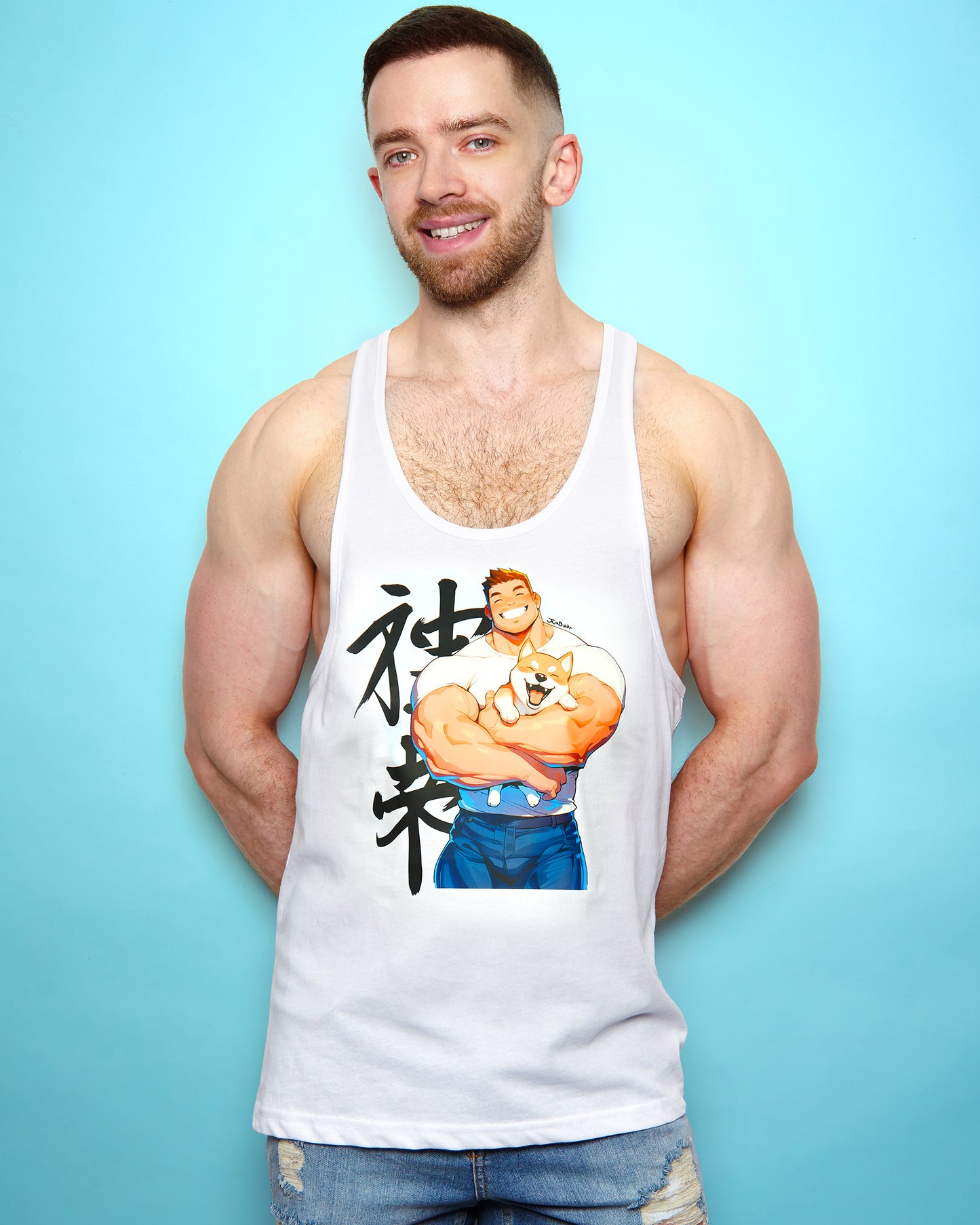 Jojo Bear: Hunky Hank with his Shiba Inu on white - tank top