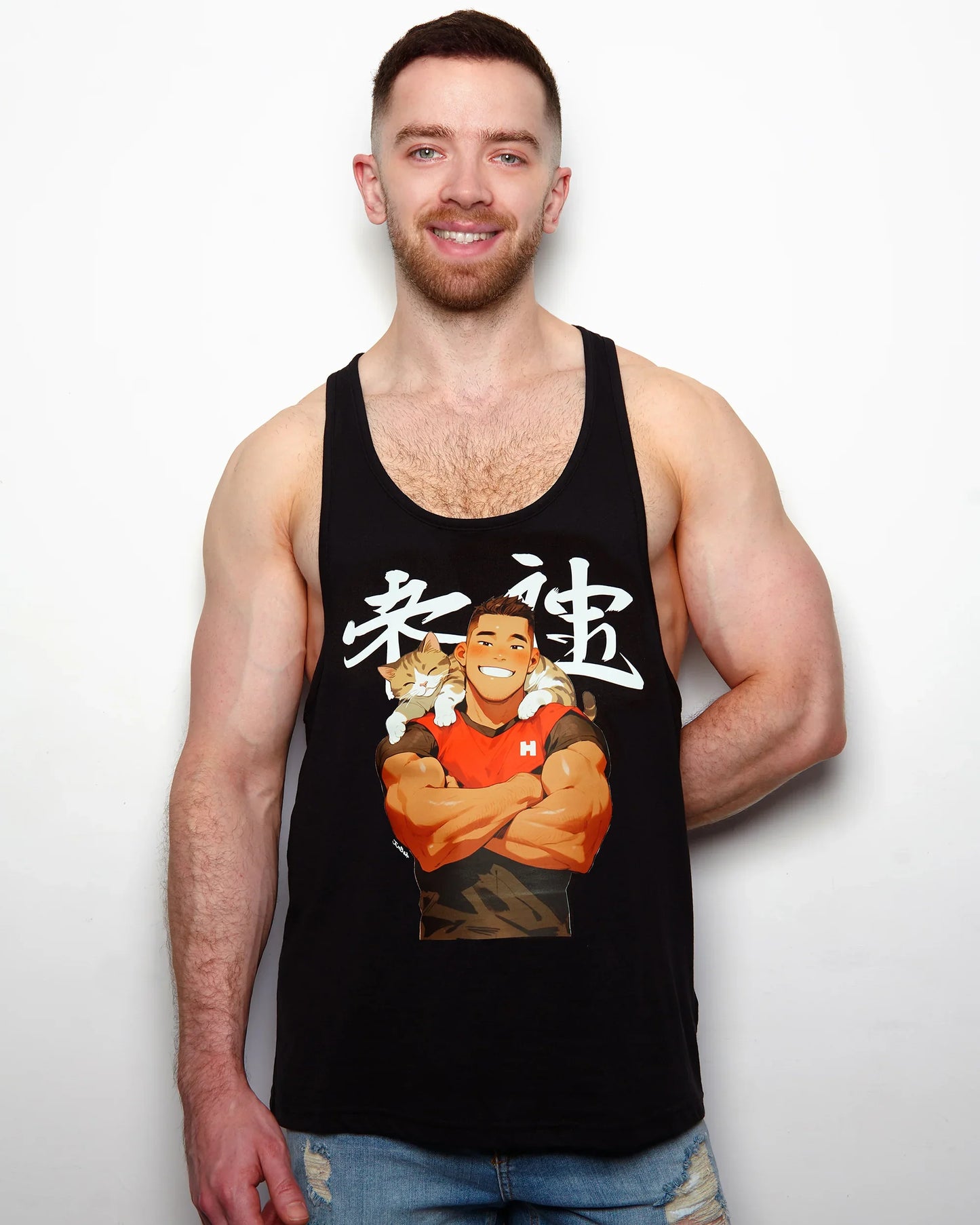 Jojo Bear: Hunky Joseph with kitten buddy on black - tank top