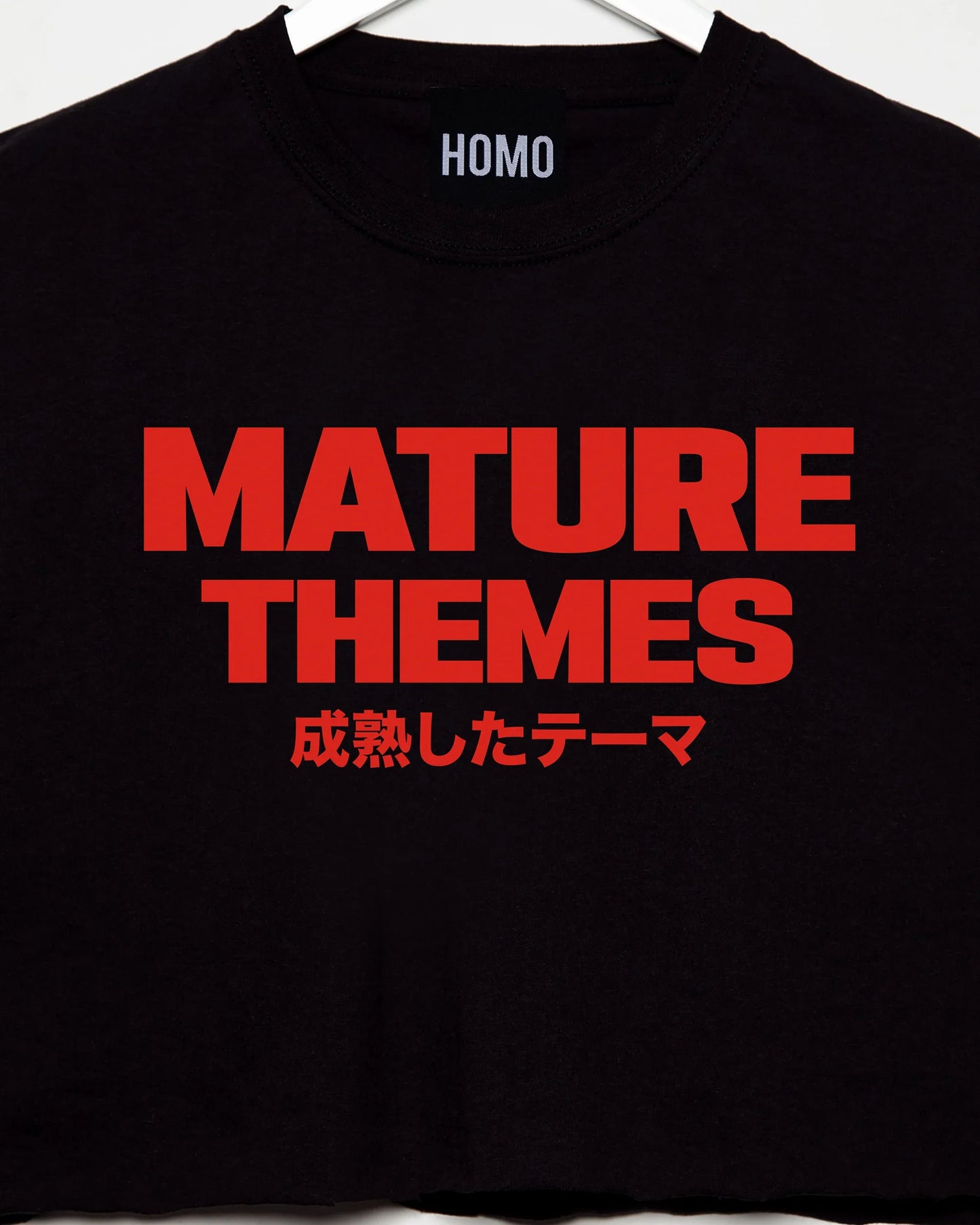 Slogan tee: Mature themes, red print on black - crop top