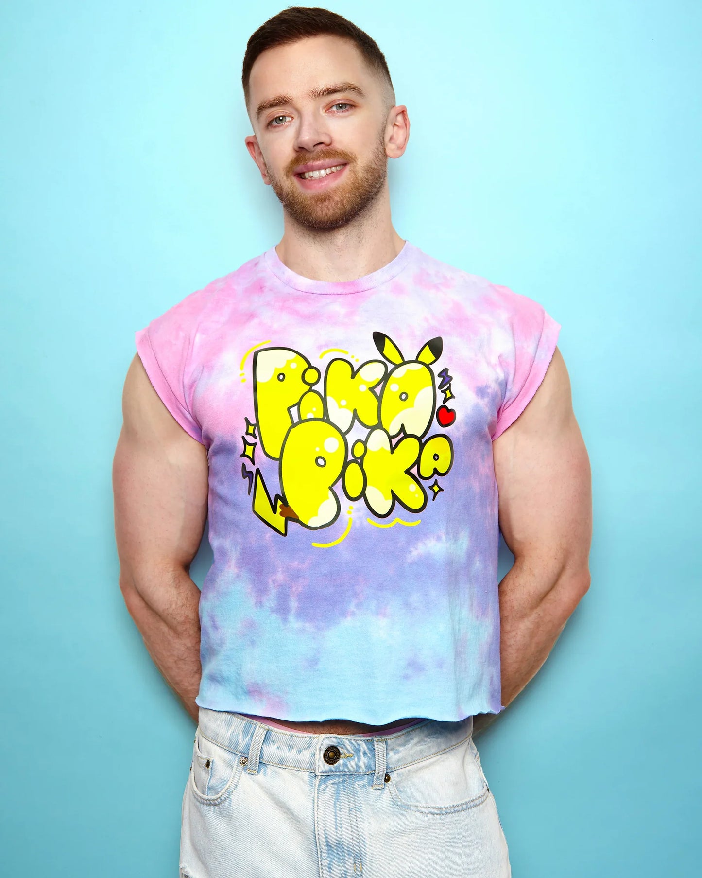 Gaymer: Yellow slogan on on pink tie-dye - low cut crop top