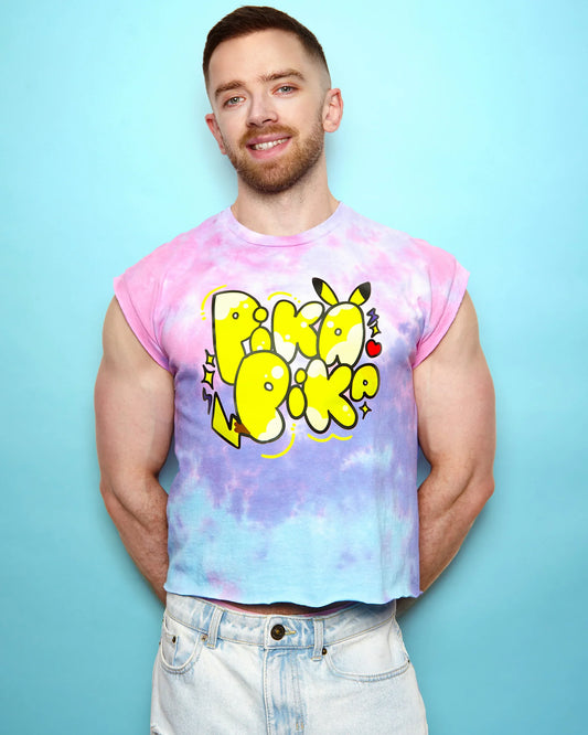 Gaymer: Yellow slogan on on pink tie-dye - low cut crop top