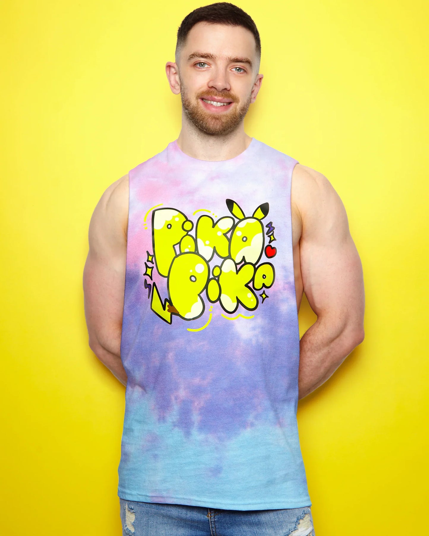 Gaymer: Yellow slogan on on pink tie-dye - sideless tshirt