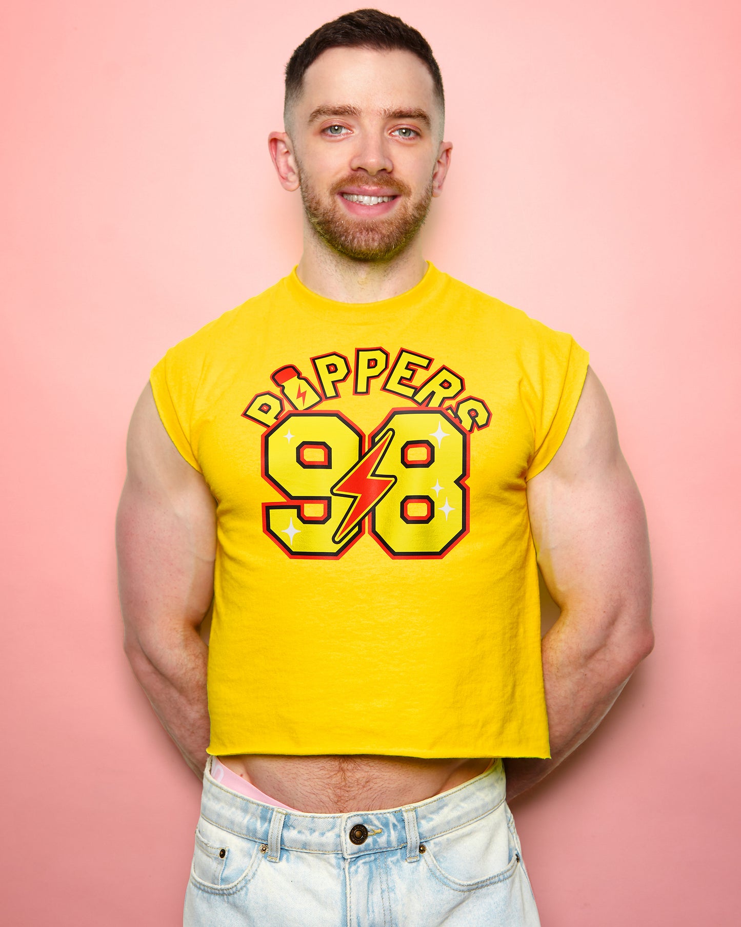 P*ppers 98 sports jersey style on yellow sleeveless low cut cropped tee