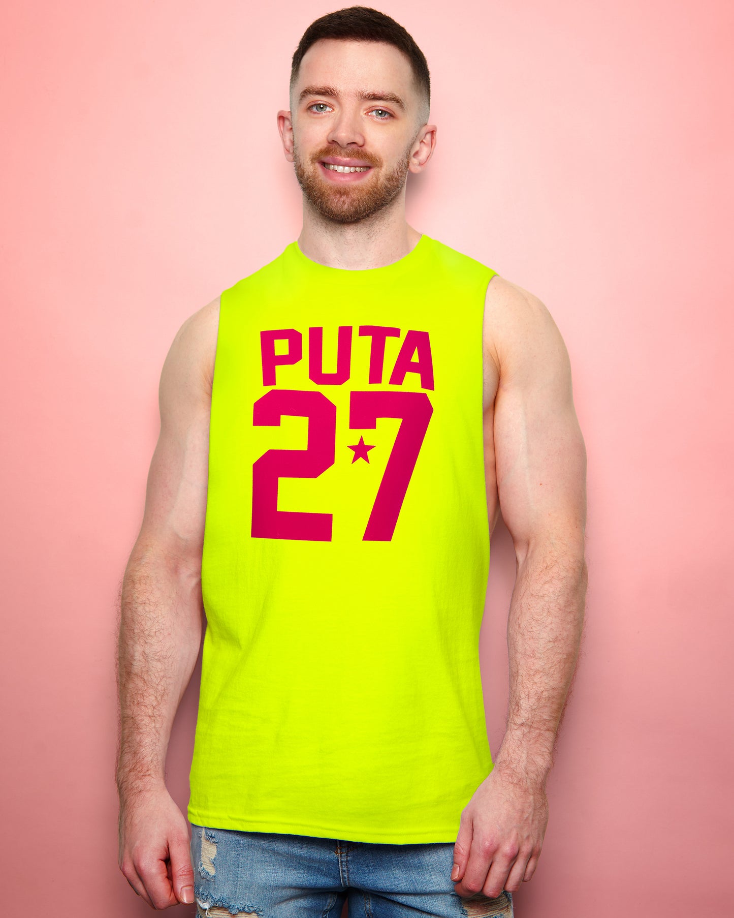 Sports jersey PUTA 27 - fluorescent pink flock on fluorescent yellow sleeveless tshirt