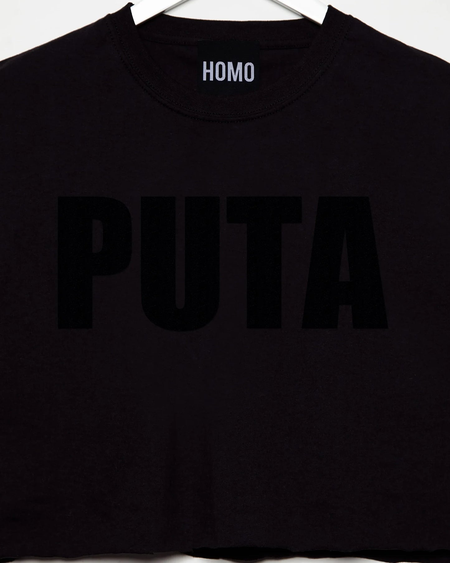 PUTA Logo, black flock on black - sleeveless crop top