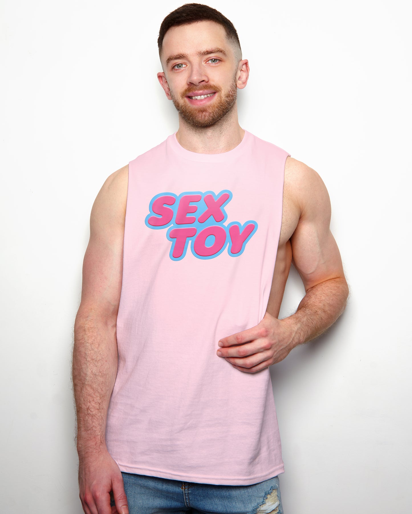 Sex toy on pink - mens sideless tshirt