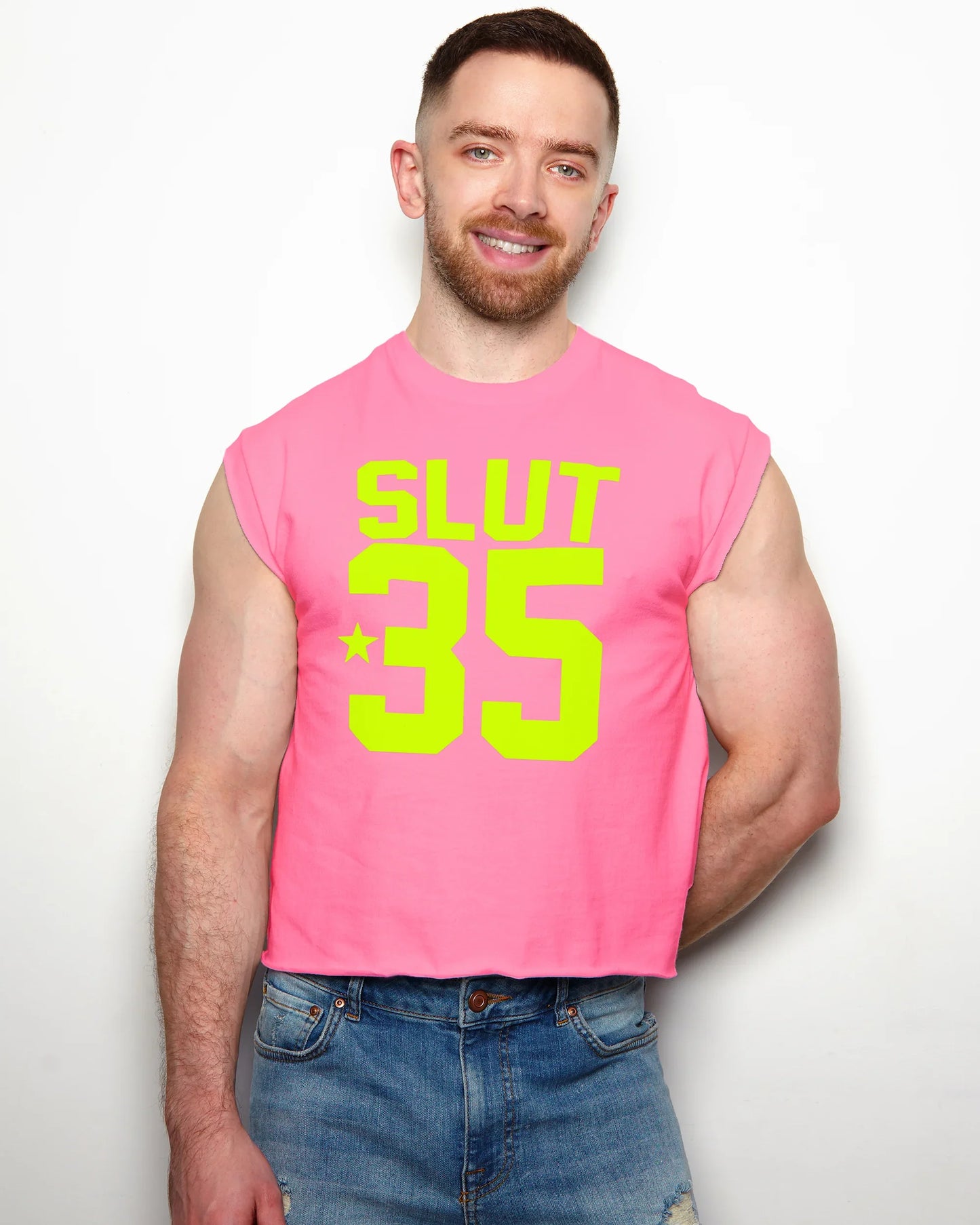 Sports jersey S/UT 35 - fluorescent yellow flock on pink sleeveless cropped tshirt