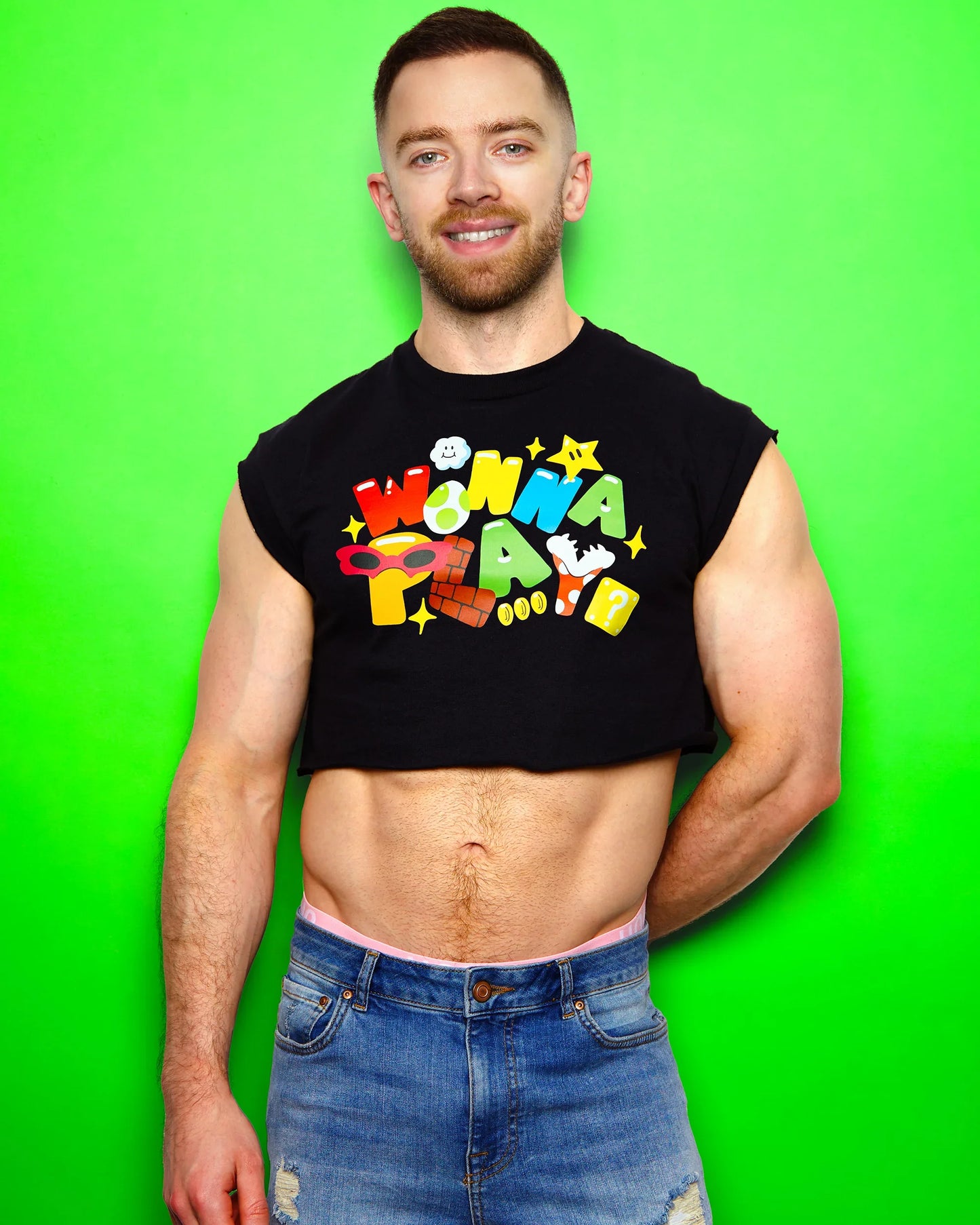 Gaymer: wanna play? on black - sleeveless crop top