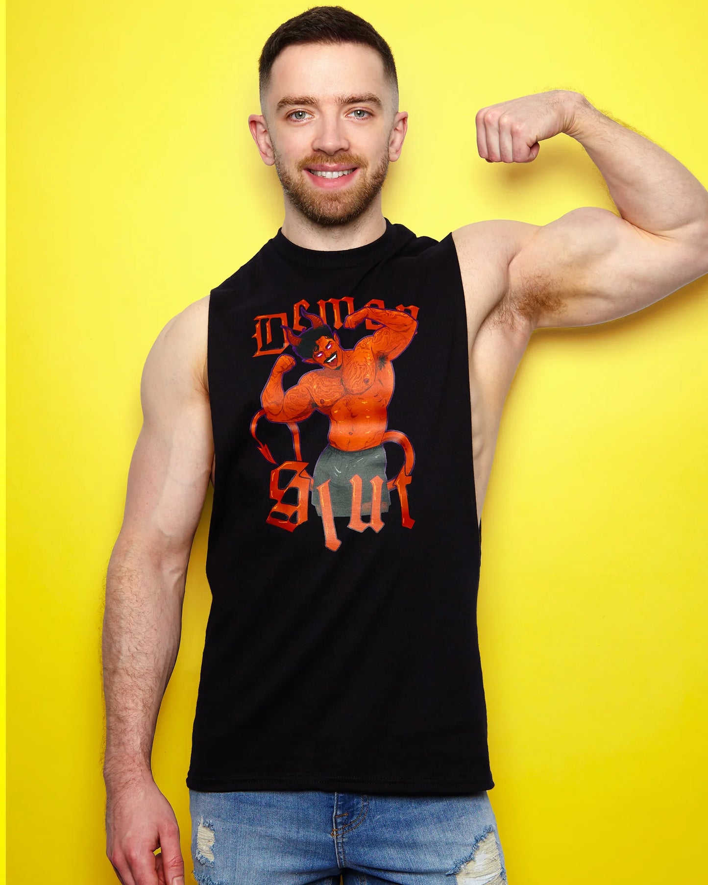 Demon s/ut, flexing tattooed demon hunk on black - sideless tshirt