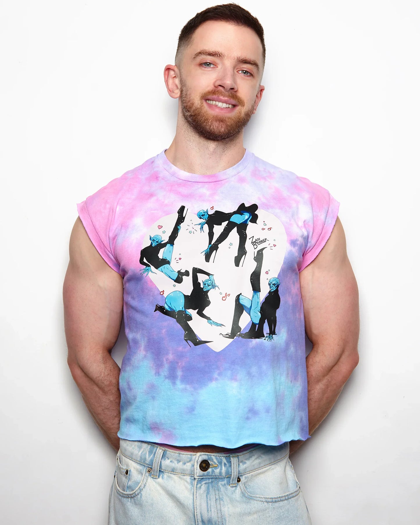 Demon core: Voguing Vampires on pink tie-dye, low cut crop top