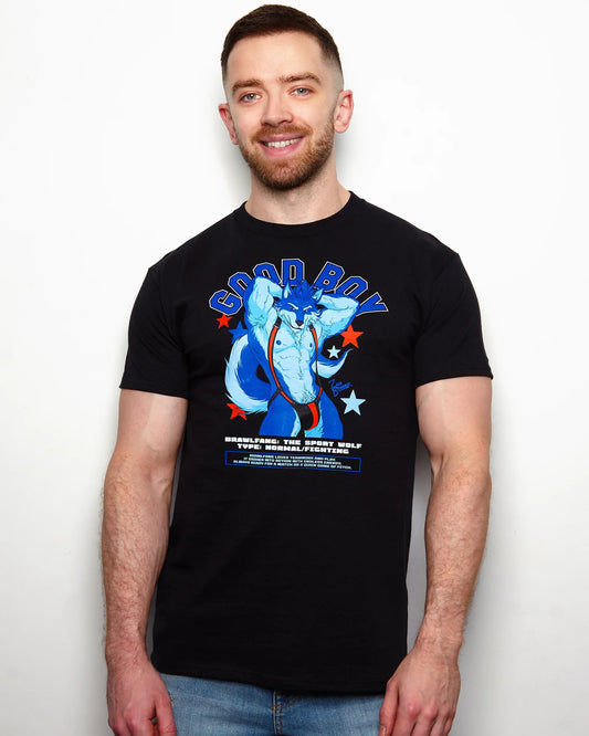 GOOD BOY, Brawlfang the sports wolf! on black - tshirt