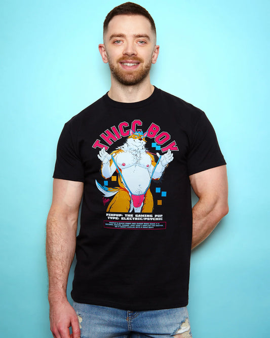 THICC BOY, Pixpup the gaming pup! on black - tshirt