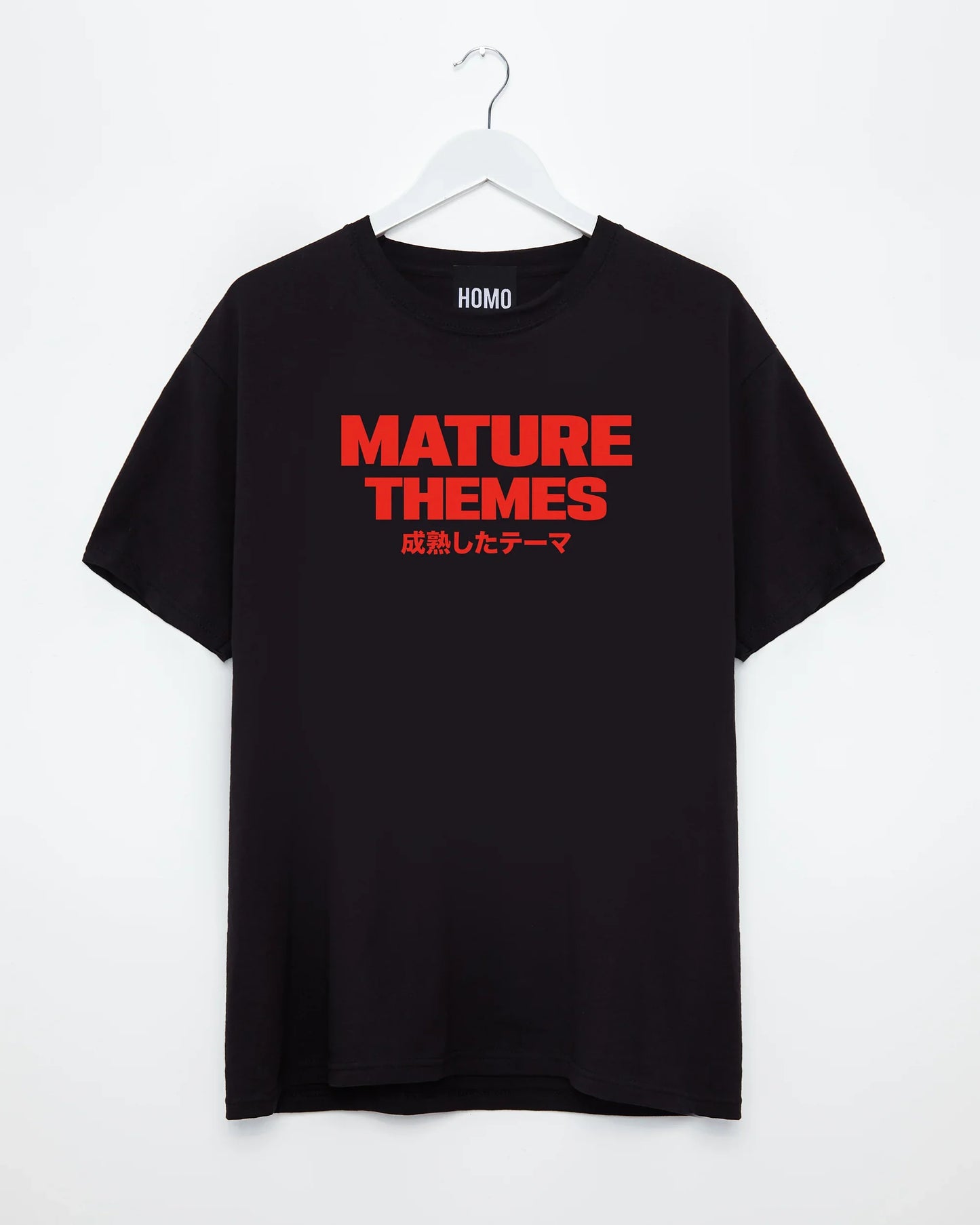 Mature themes, red print on black - tshirt
