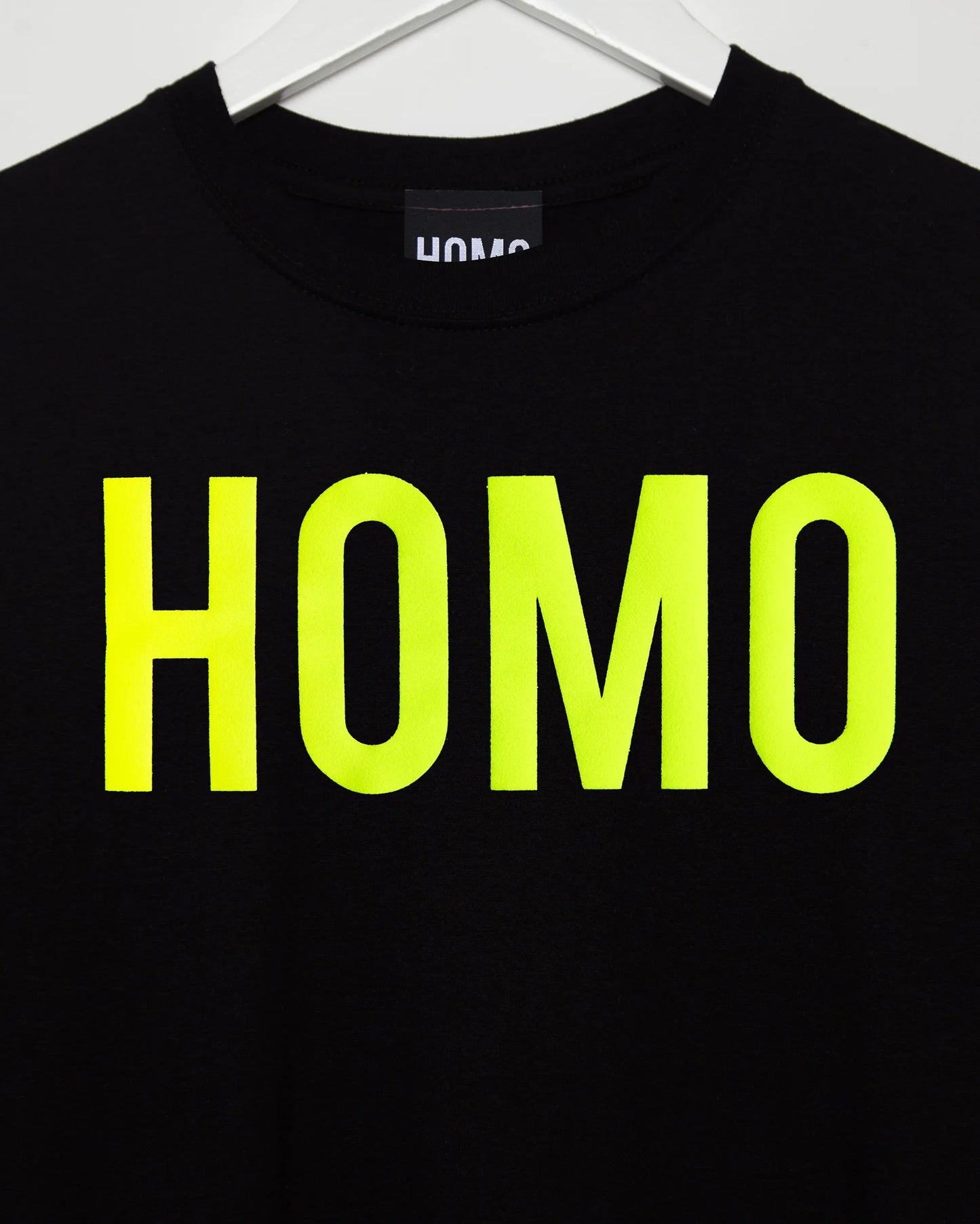 HOMO Logo, fluorescent yellow flock on black tshirt