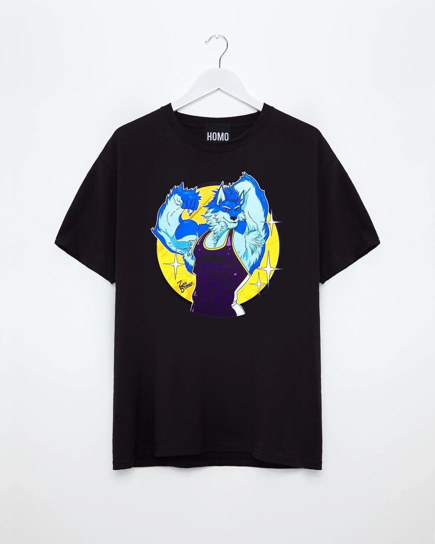 Flexing wolf wrestler Magnus - black tshirt - HOMOLONDON