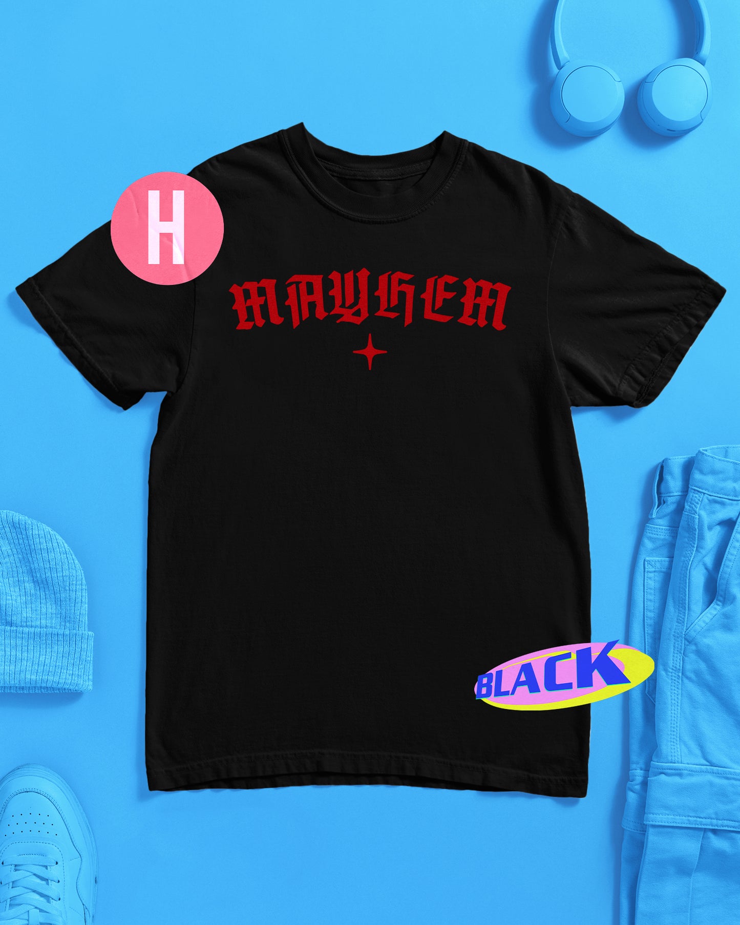 MAYHEM slogan on red flock on black- tee