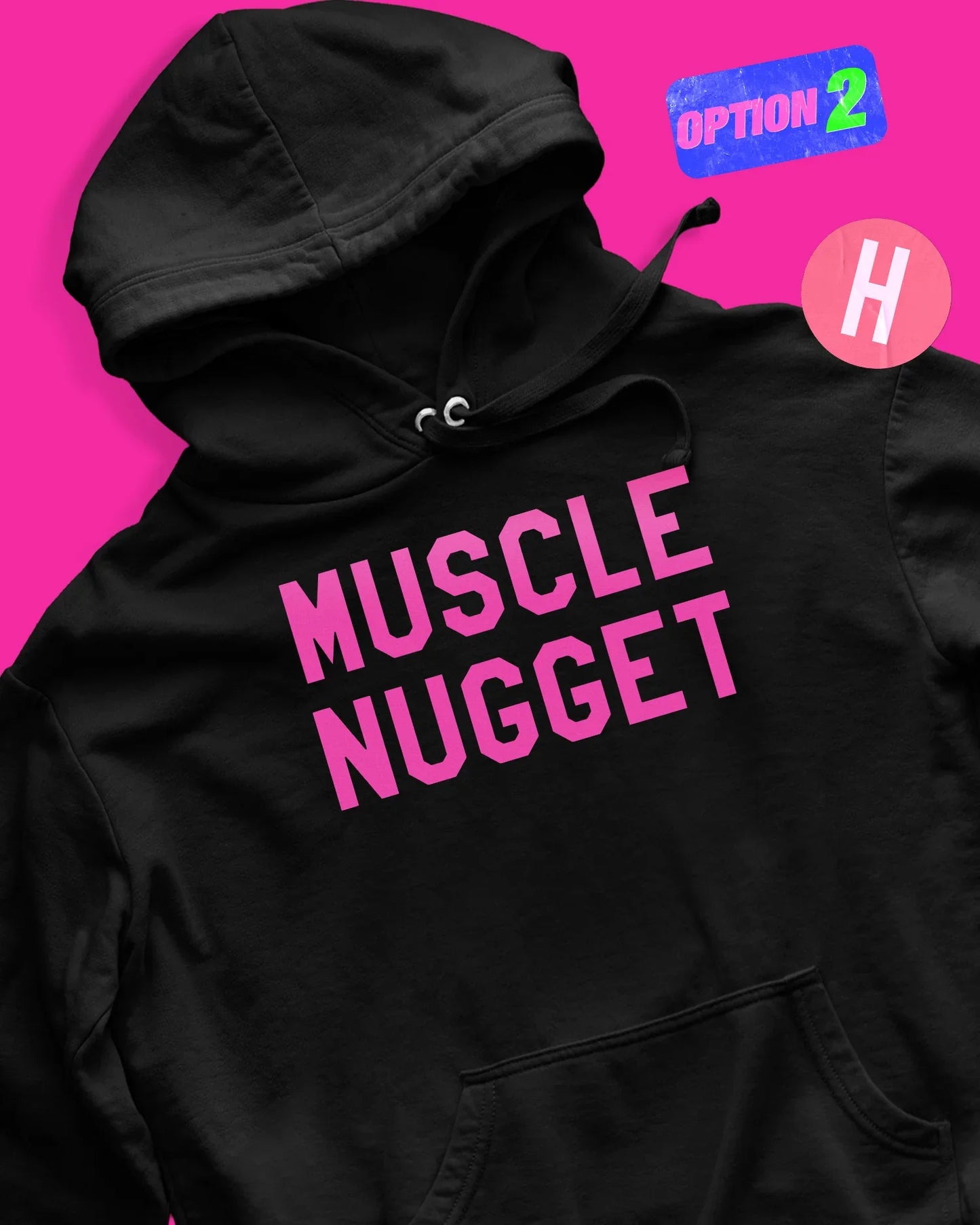Muscle nugget soft style hoodie, florescent pink flock - black