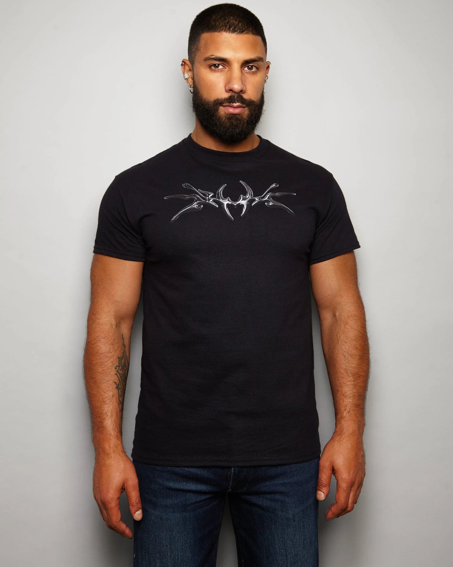 NXS002: Gunmetal style print on black tshirt