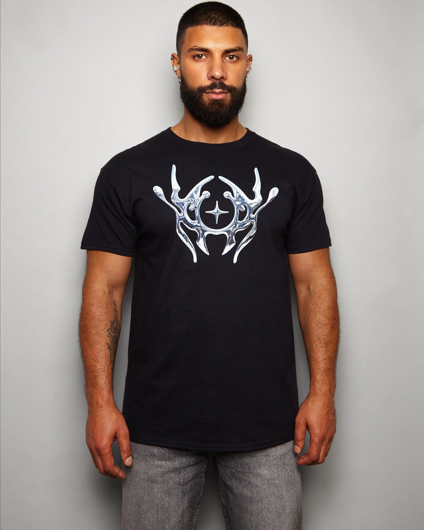 NXS006: Silver style print on black tee.
