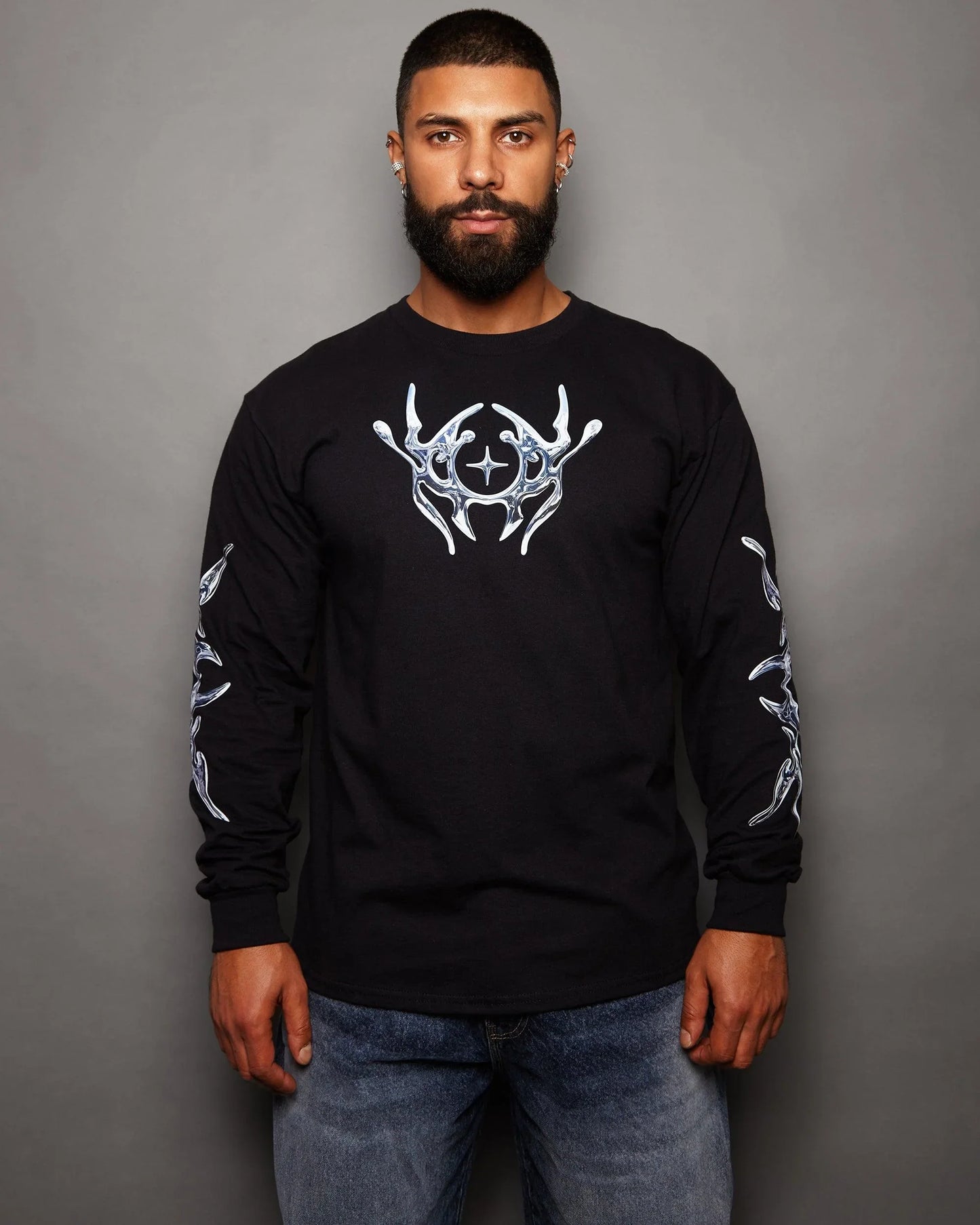 NXS009: Silver style print on black long sleeve tee