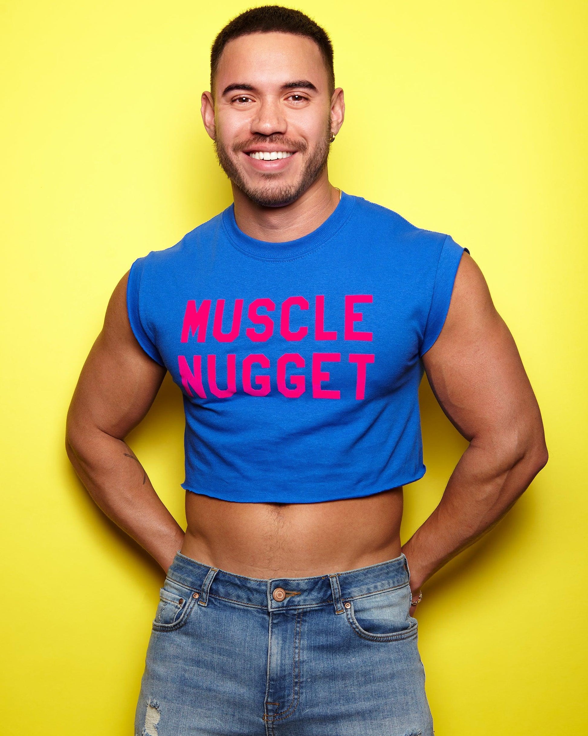 Fluorescent pink flock muscle nugget - blue crop top - HOMOLONDON