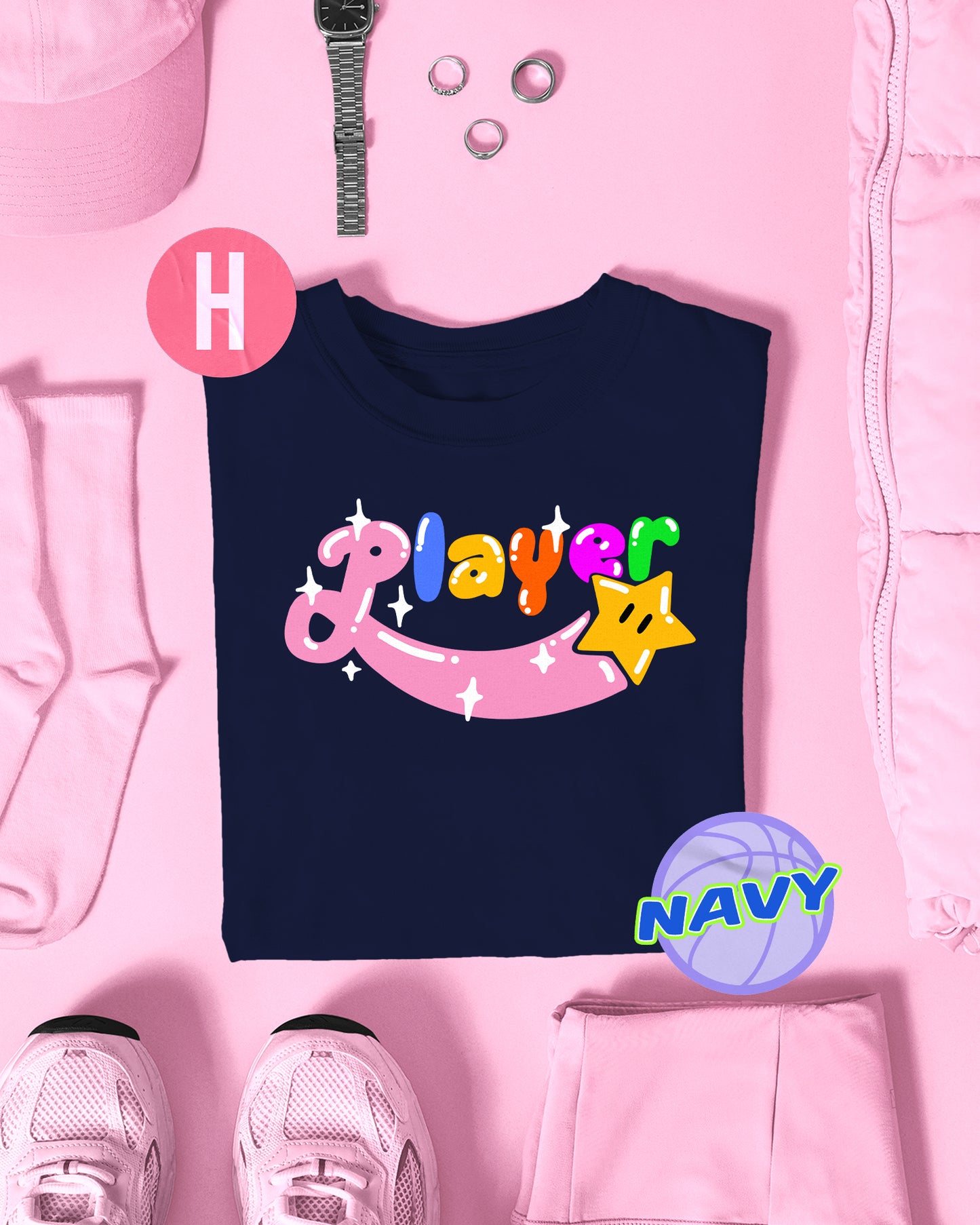 Retro video game PLAYER Slogan on navy - tee