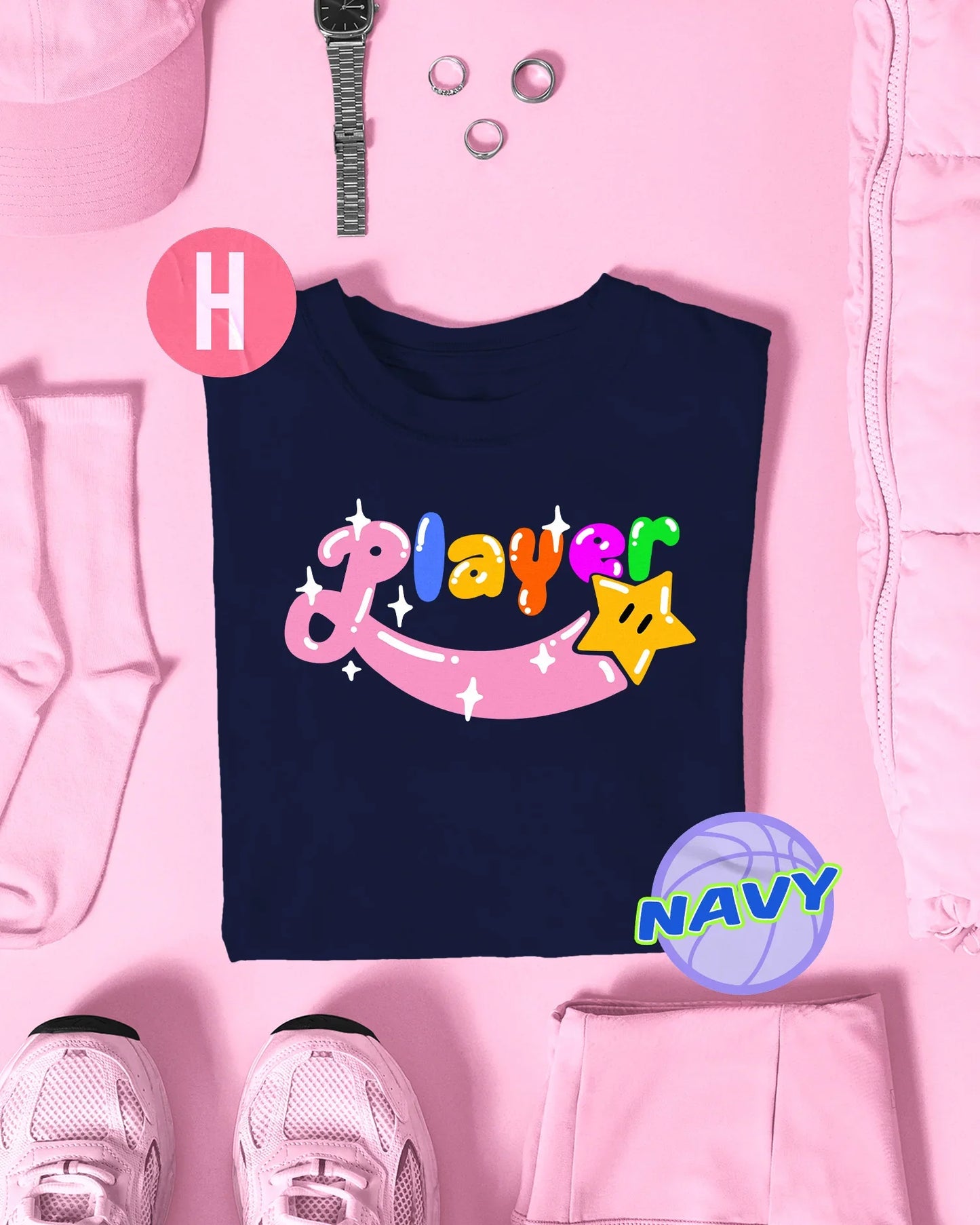 Retro video game PLAYER Slogan on navy - tee