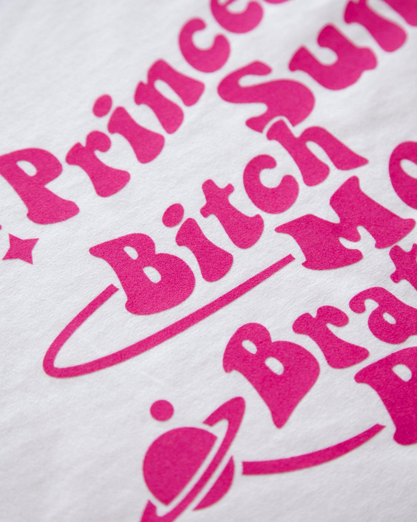 princess sun, bitch moon, brat rising. Pink flock on black trim - slim fit tee.