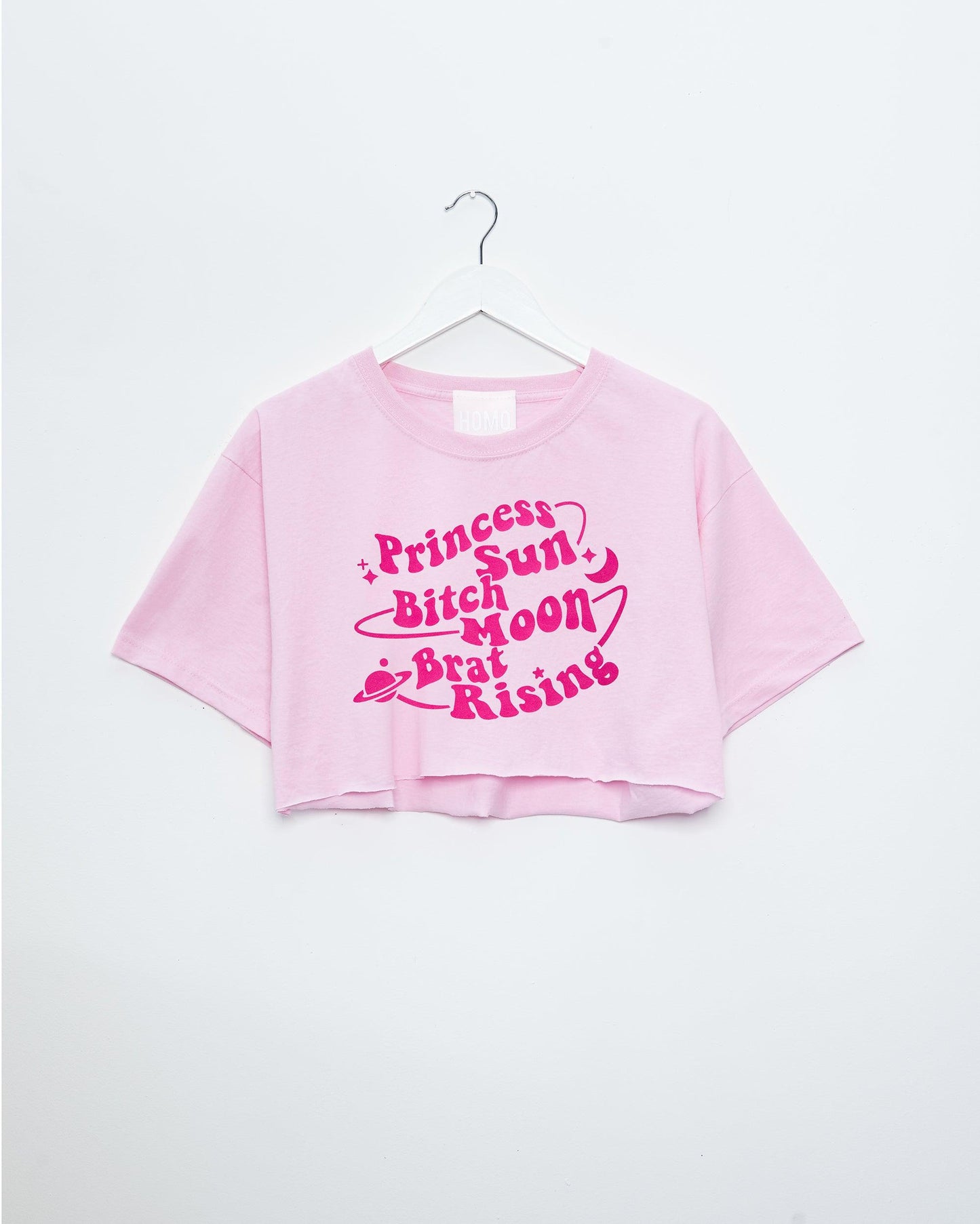 Princess sun, bitch moon, brat rising. Pink flock on pink - crop top.