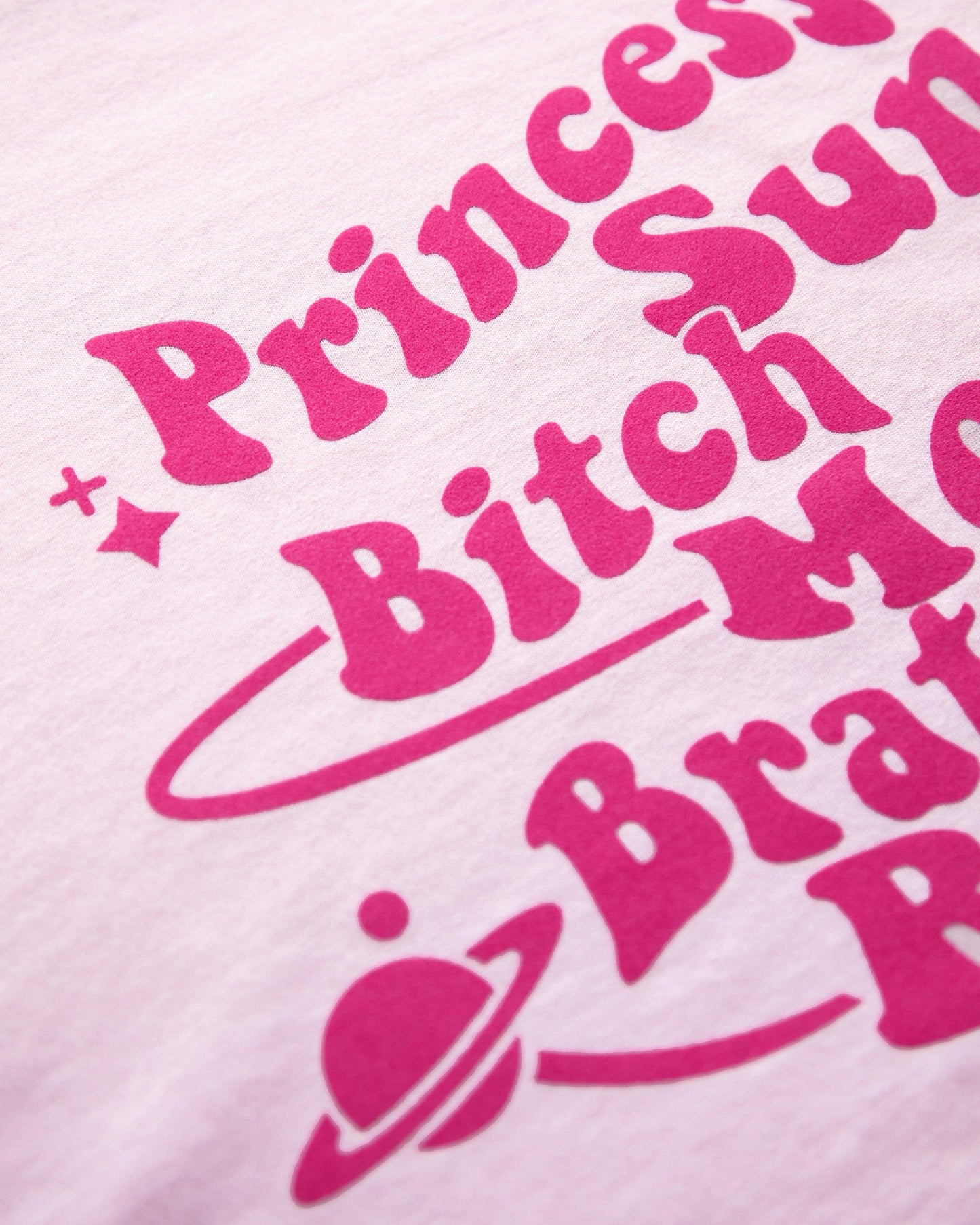 Princess sun, bitch moon, brat rising. Pink flock on pink - crop top.