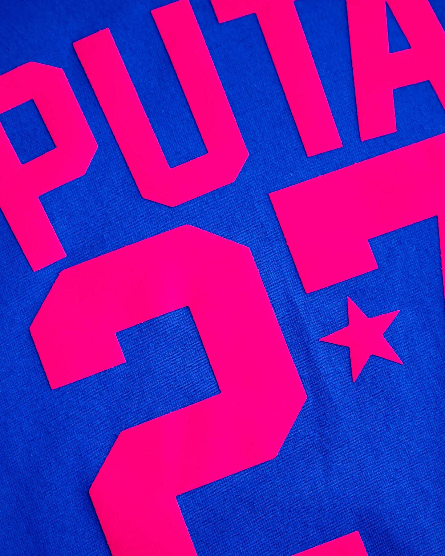 Sports jersey PUTA 27 - fluorescent pink flock on blue sleeveless cropped tshirt