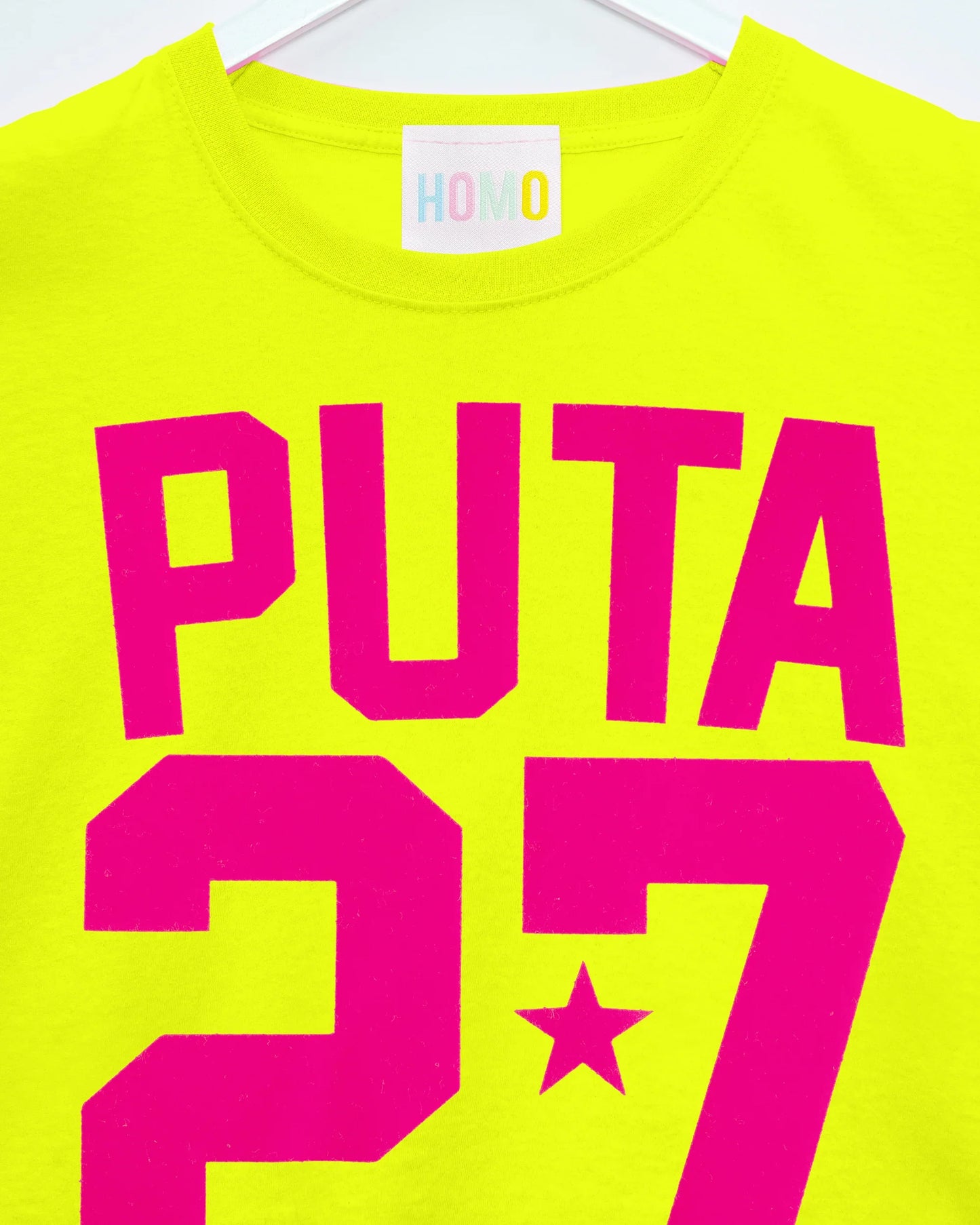 Sports jersey PUTA 27 - fluorescent pink flock on fluorescent yellow sleeveless tshirt
