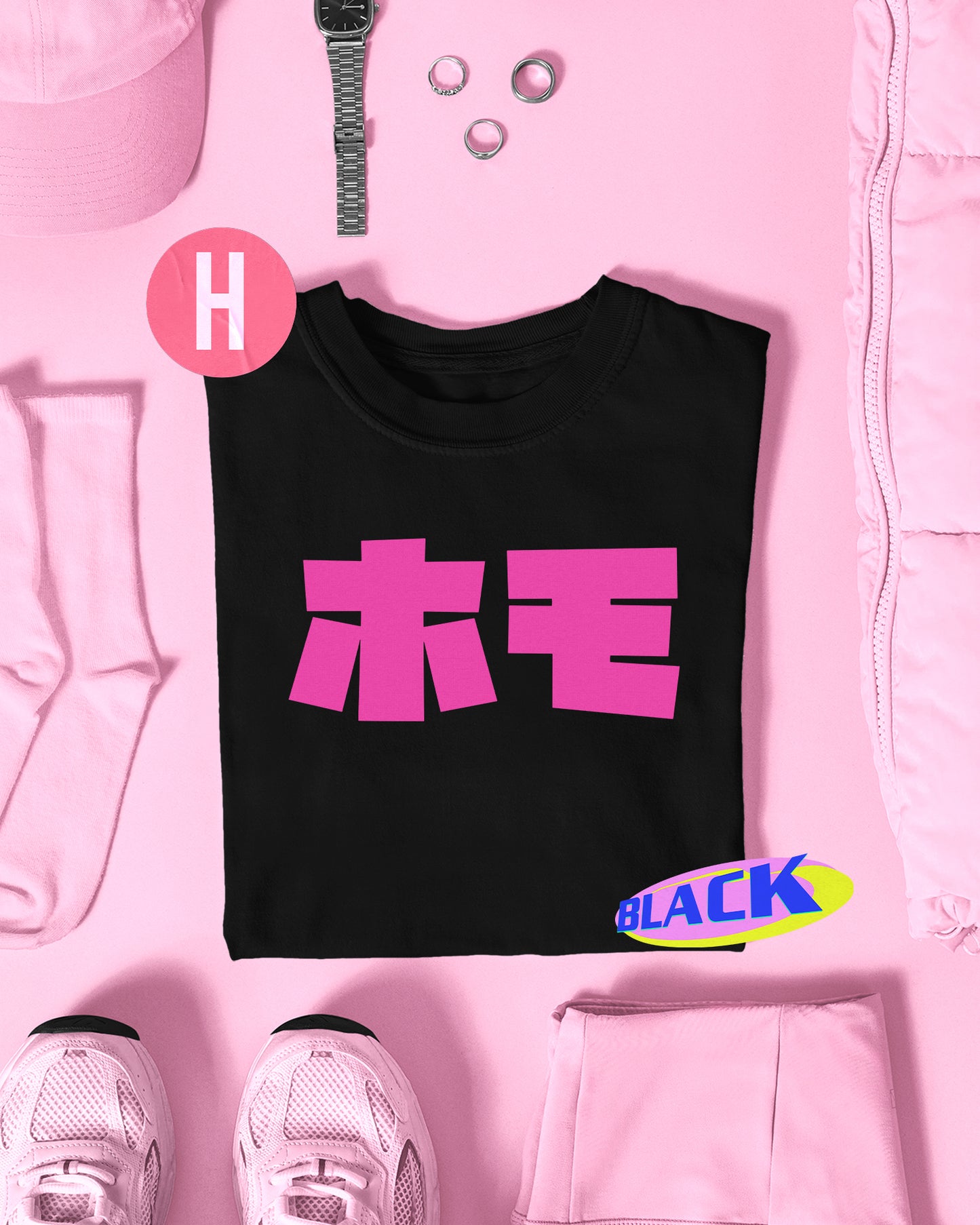Pink HOMO in Japanese logo, pink flock - tee