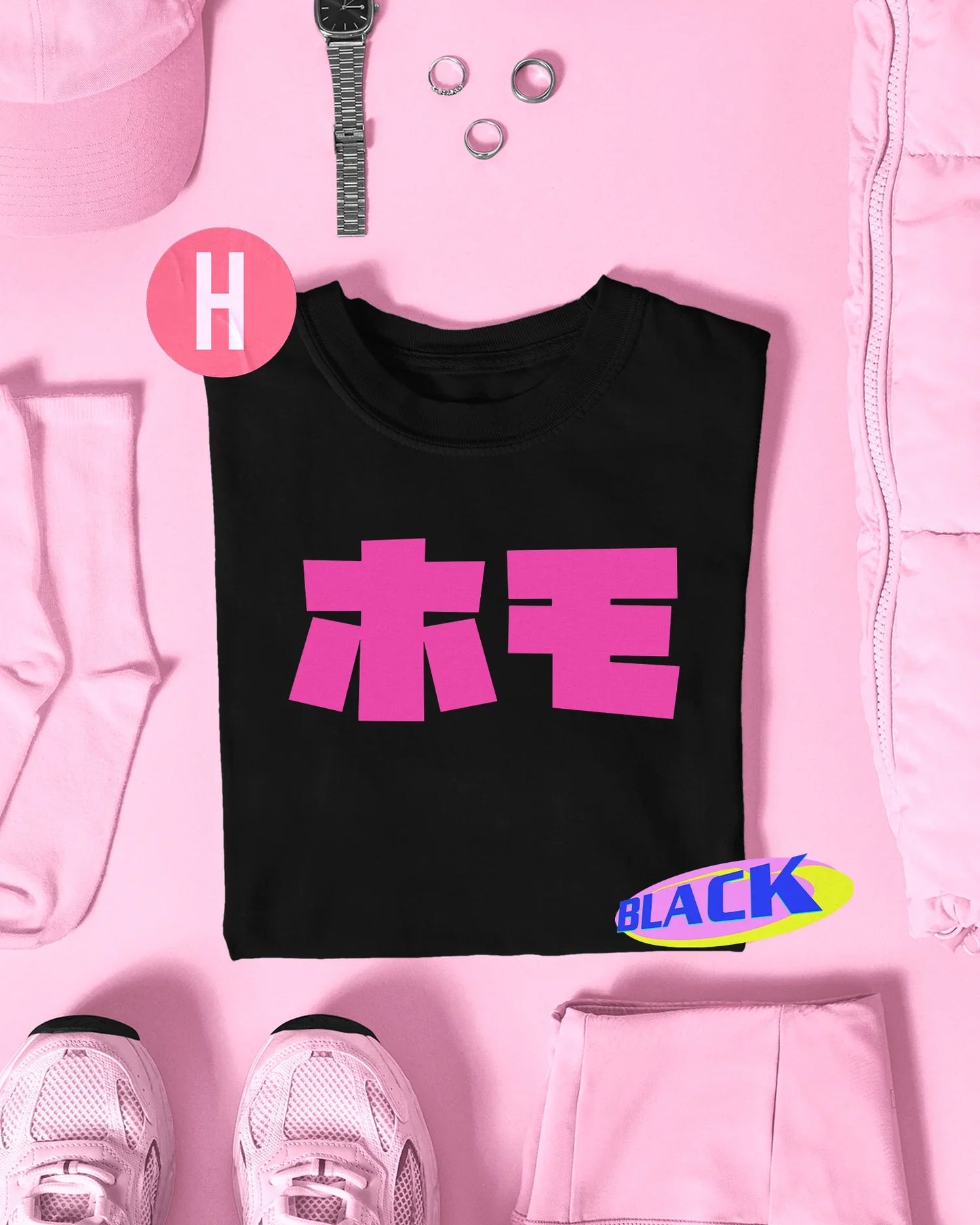 Pink HOMO in Japanese logo, pink flock - tee