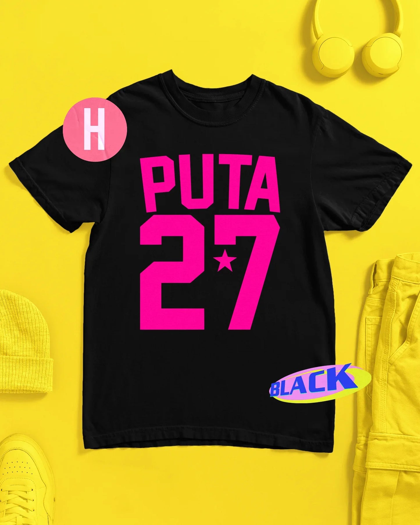 Gay sports inspired PUTA 27 slogan, fluorescent black on blue - tee