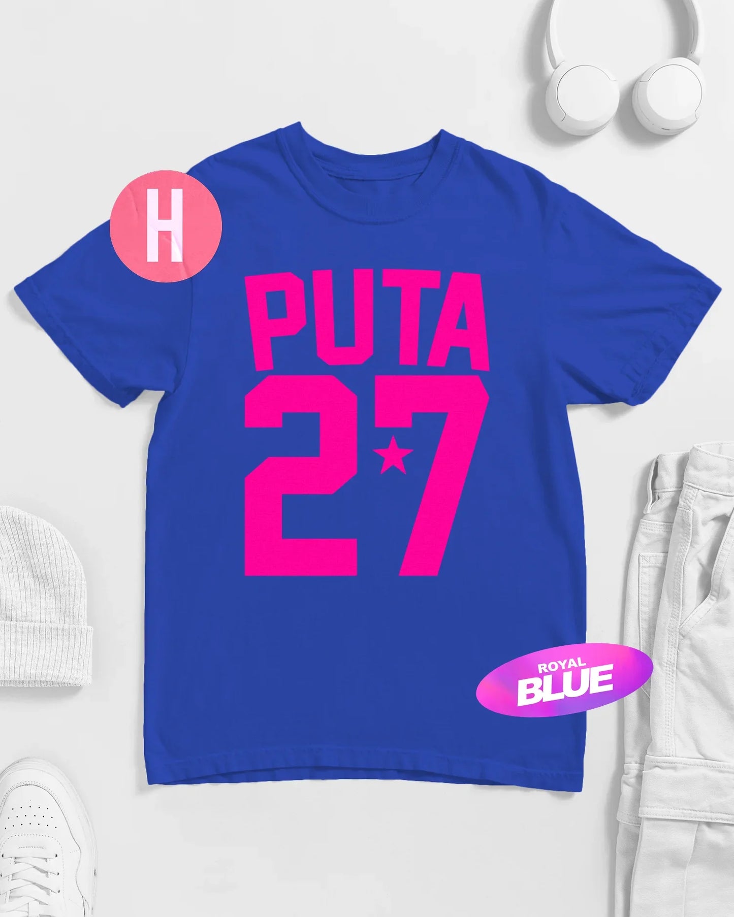 Gay sports inspired PUTA 27 slogan, fluorescent pink on blue - tee
