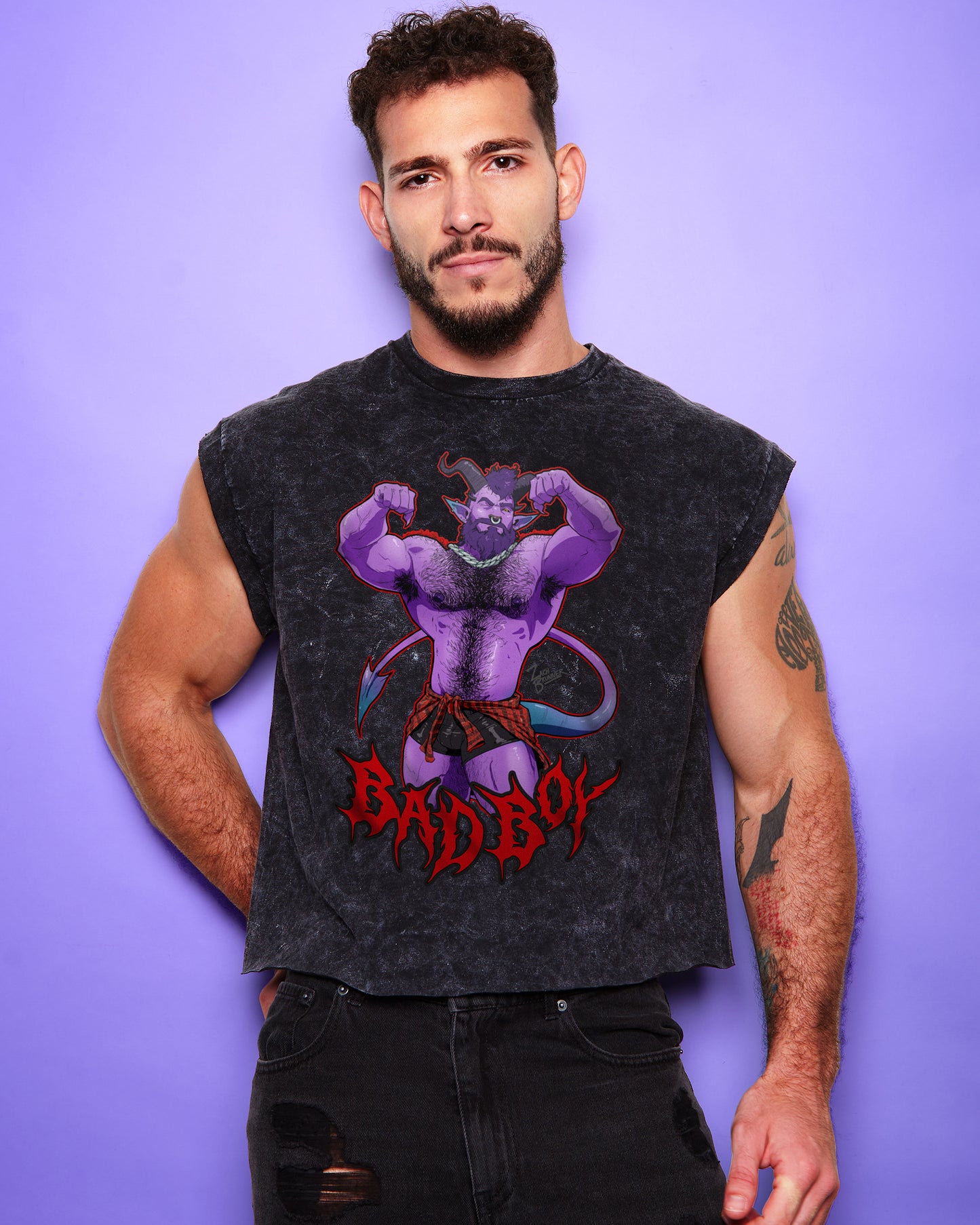 Demon core: Daddy demon bad boy, stone washed low cut cropped t-shirt