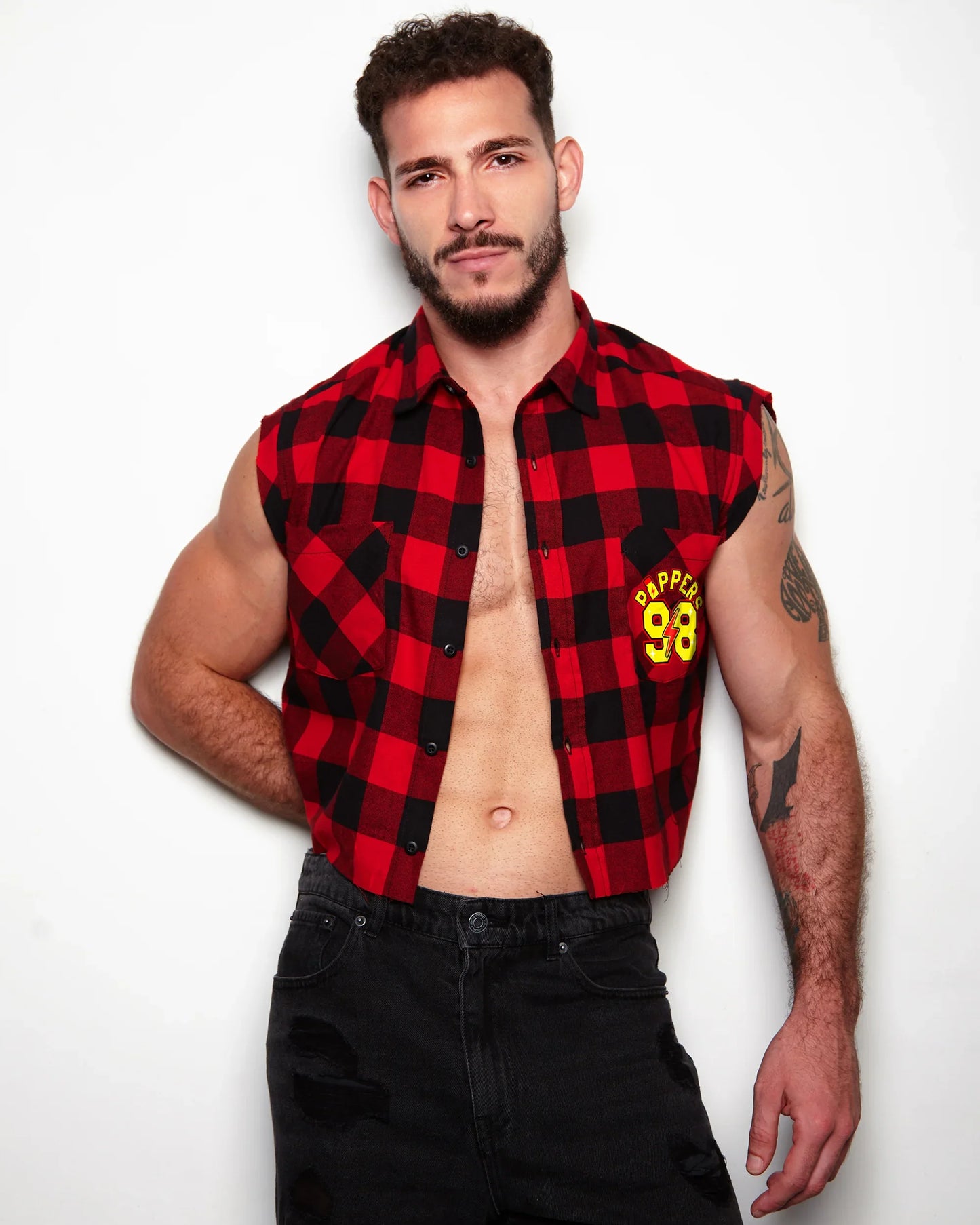 P*ppers 98 sports jersey style on checked flannel cropped shirt - Red and black