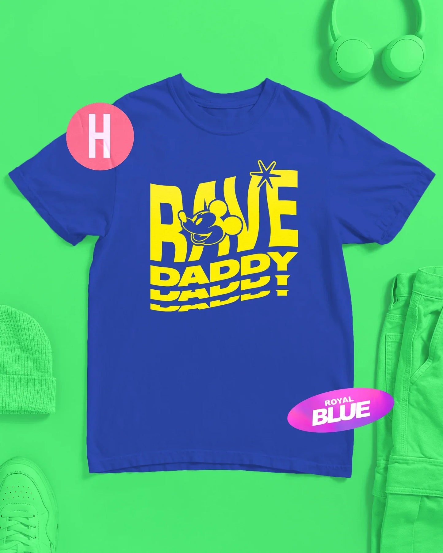 Rave daddy slogan, fluorescent yellow flock on blue - tee