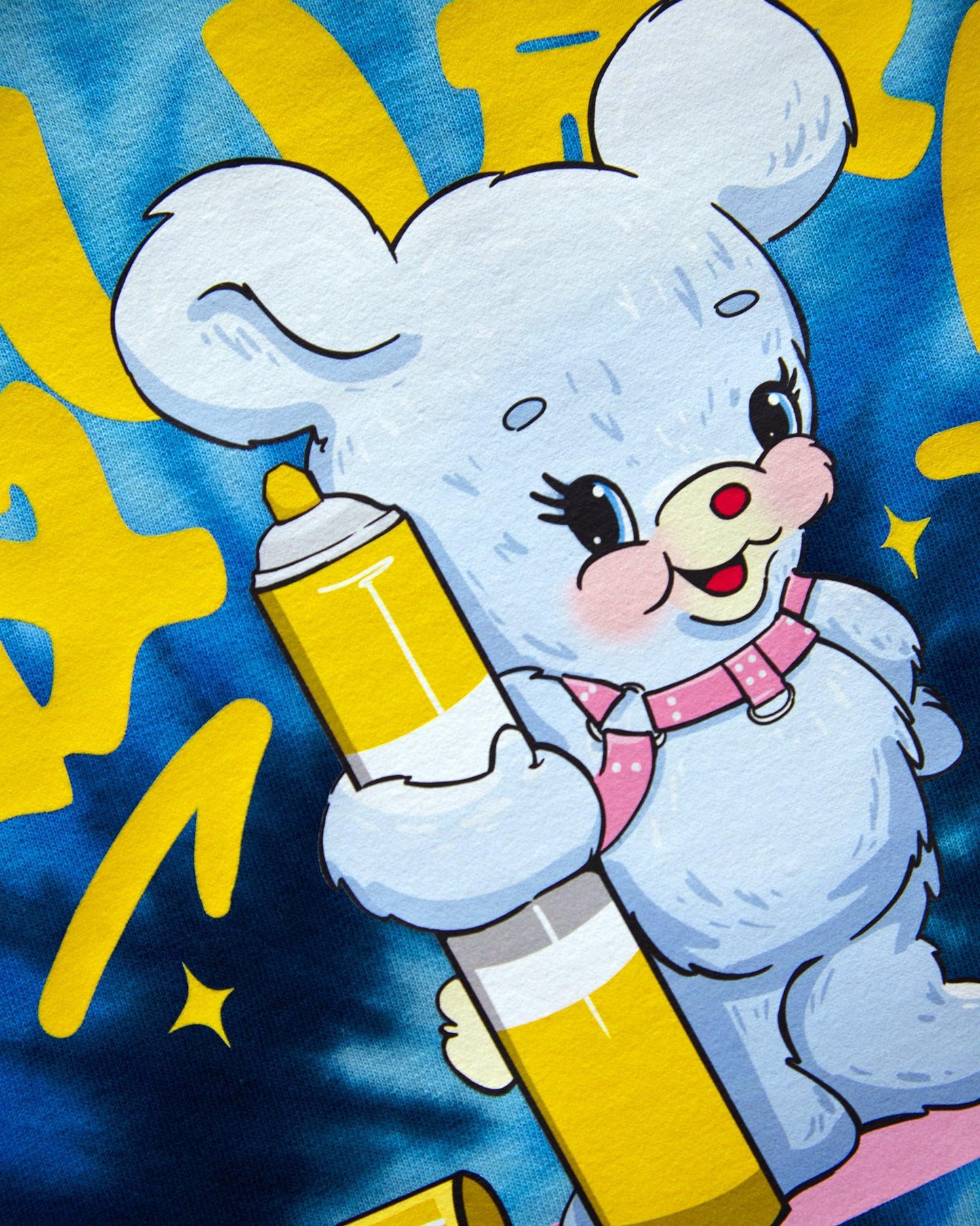 Japanese graffiti bear on blue tie-dye - tshirt