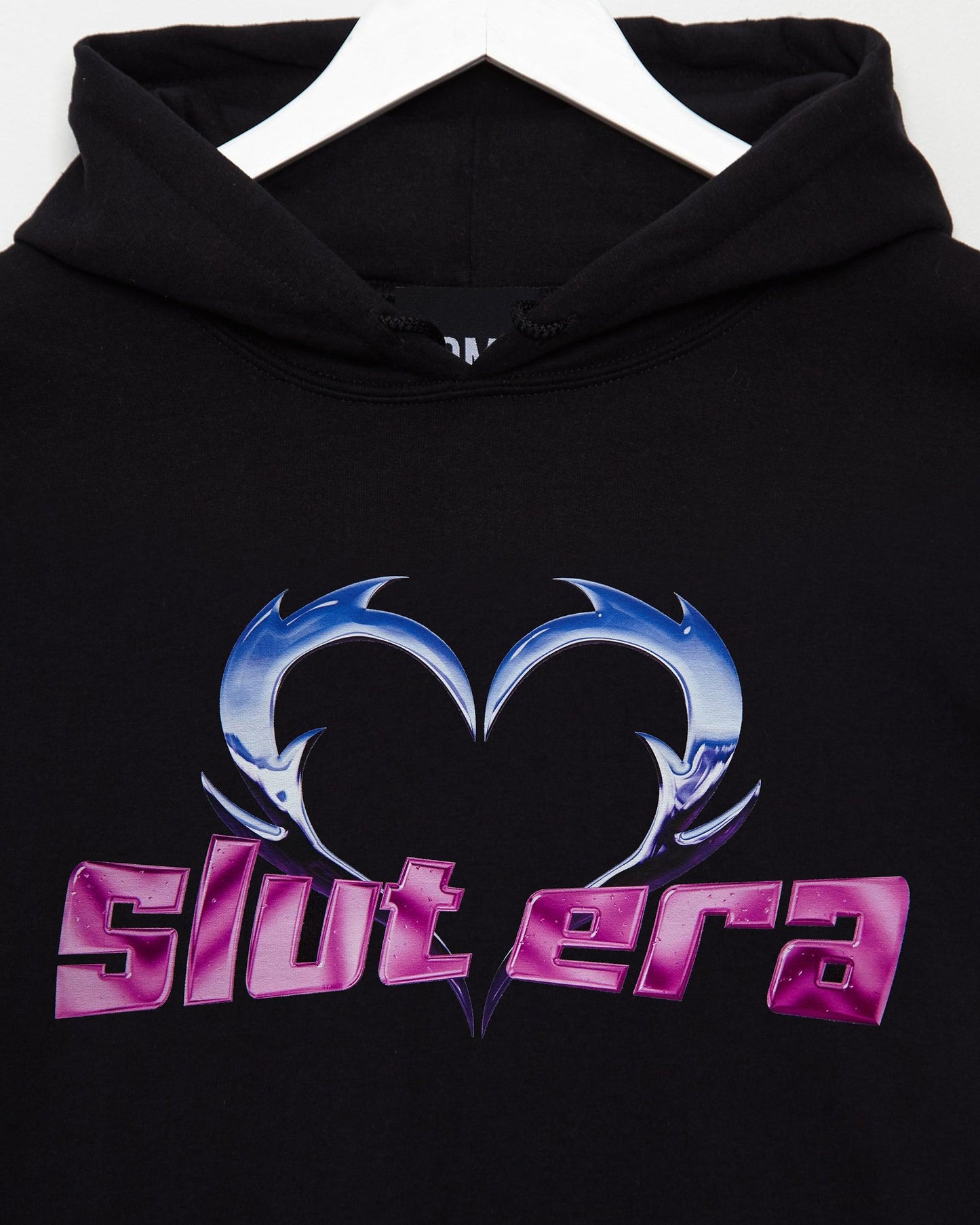 Chrome Y2K: SLUT ERA, chrome and pink on black - pullover hoodie.