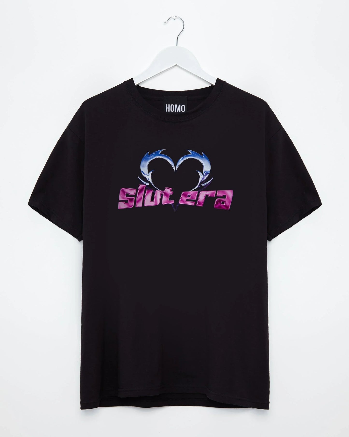 Chrome Y2K: SLUT ERA, chrome and pink on black - tee - HOMOLONDON
