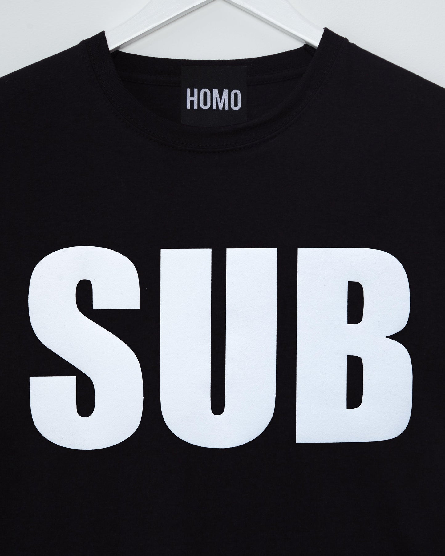 Explore Your Submissive Side with SUB: White Flock Print on Black Men's Tshirt - HOMOLONDON