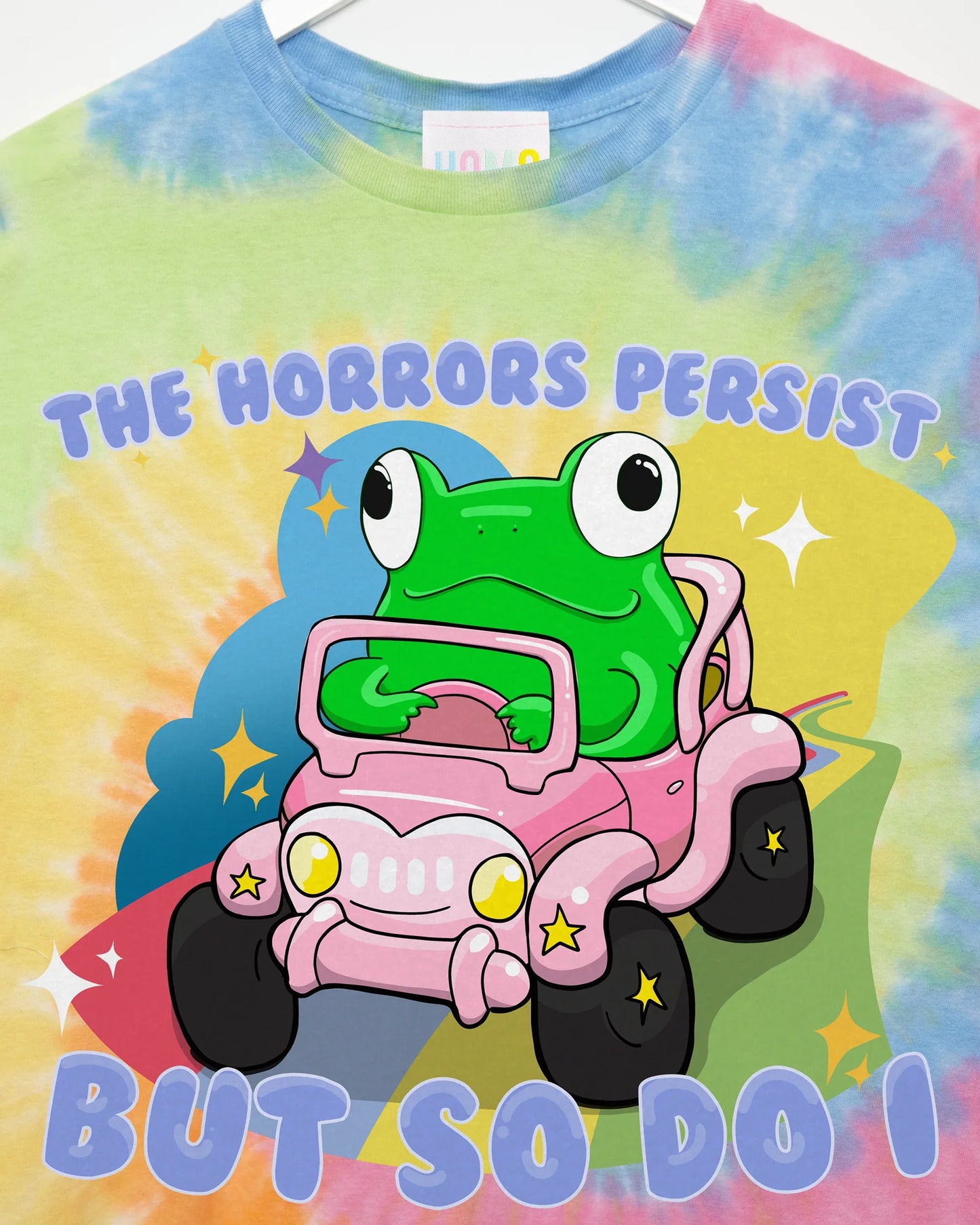 The horrors persist, but so do I, on tie-dye tshirt / crop top