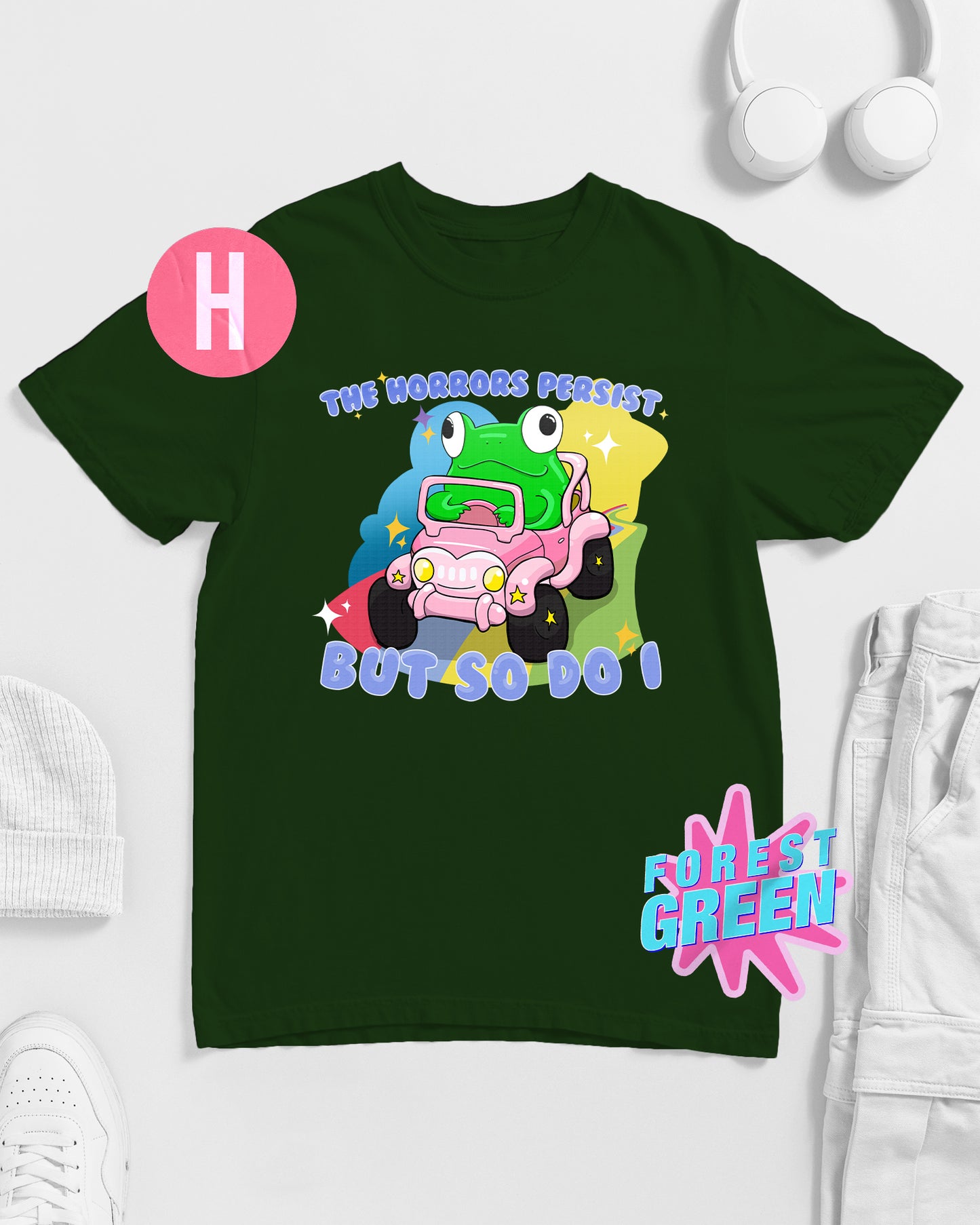 Funny Frog T-Shirt: The Horrors Persist on green - tee