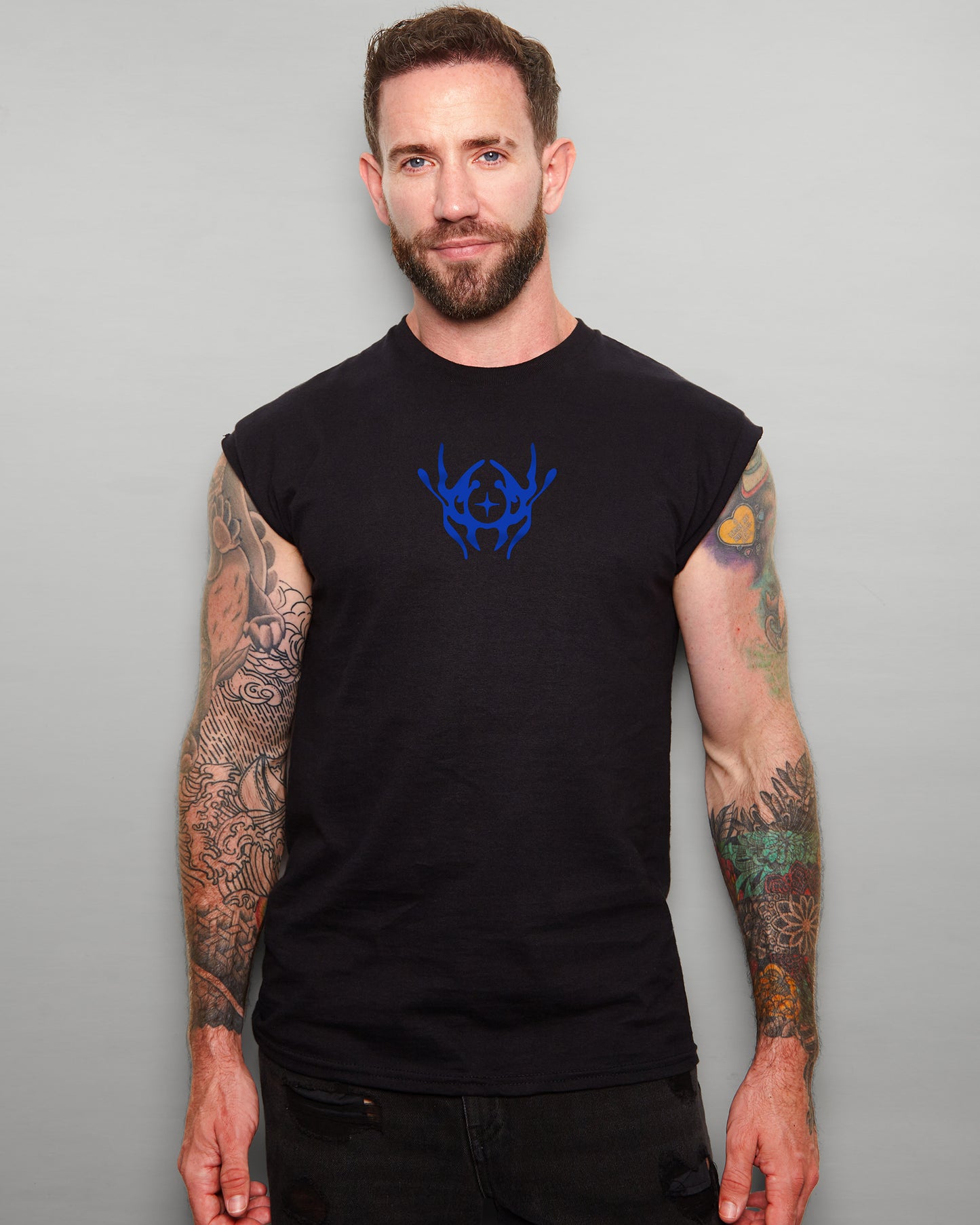 NXS021: INVINCIBLE sleeveless t-shirt - blue/black (front & back print)