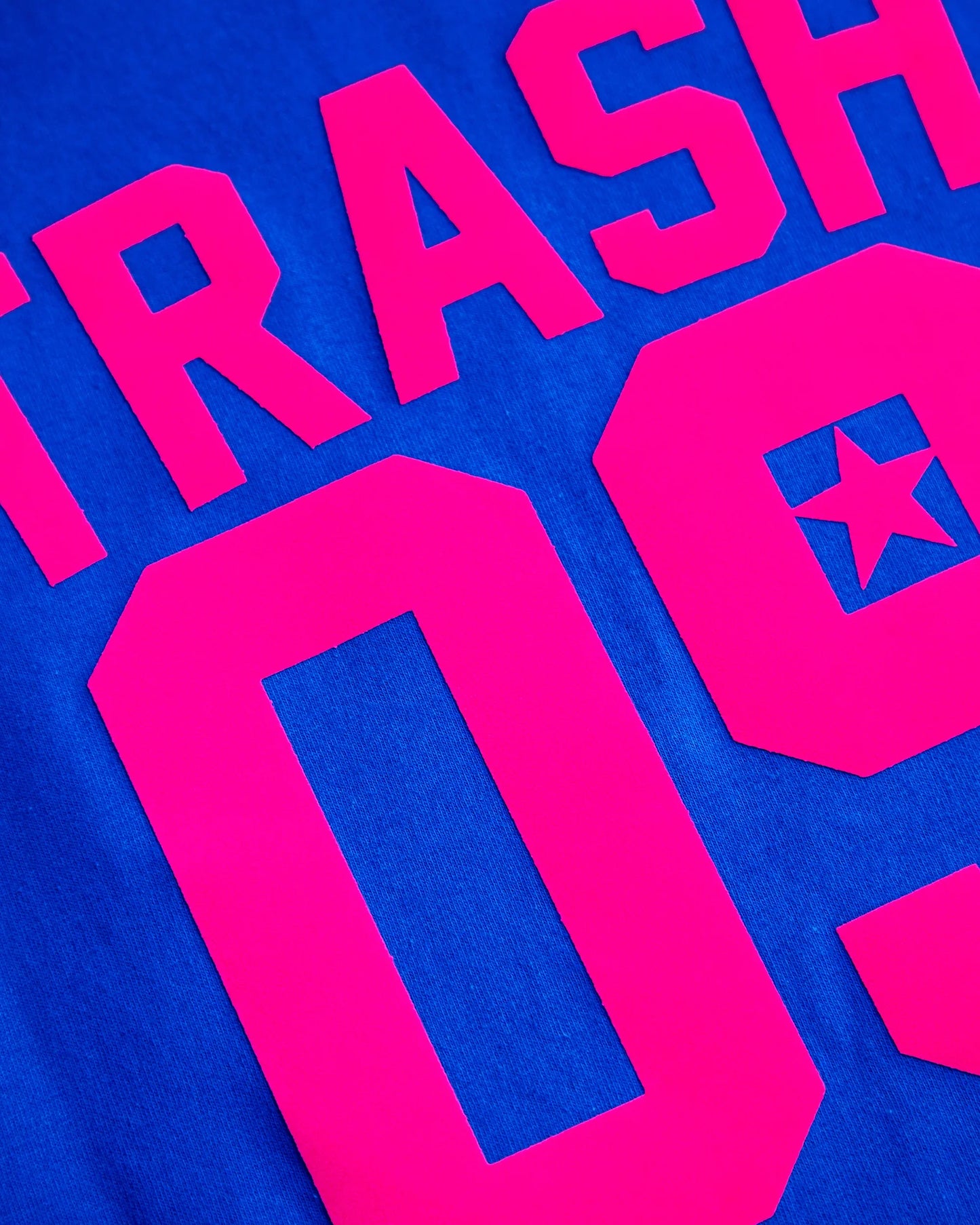 Sports jersey TRASH 09 - fluorescent pink flock on blue sleeveless tshirt
