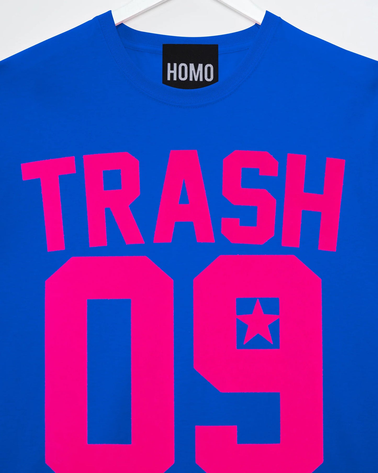 Sports jersey TRASH 09 - fluorescent pink flock on blue sleeveless tshirt