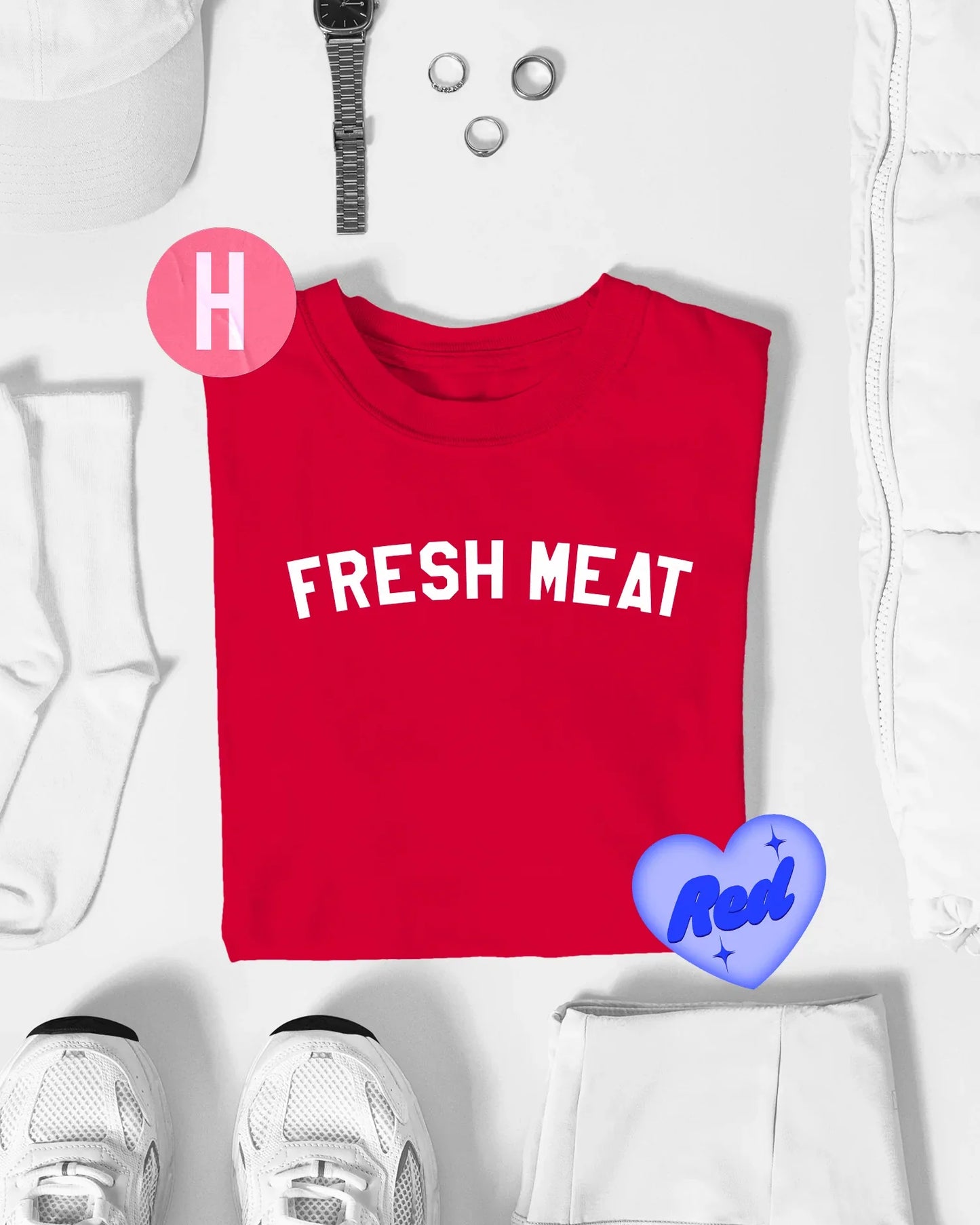 FRESH MEAT slogan, white flock on red - tee